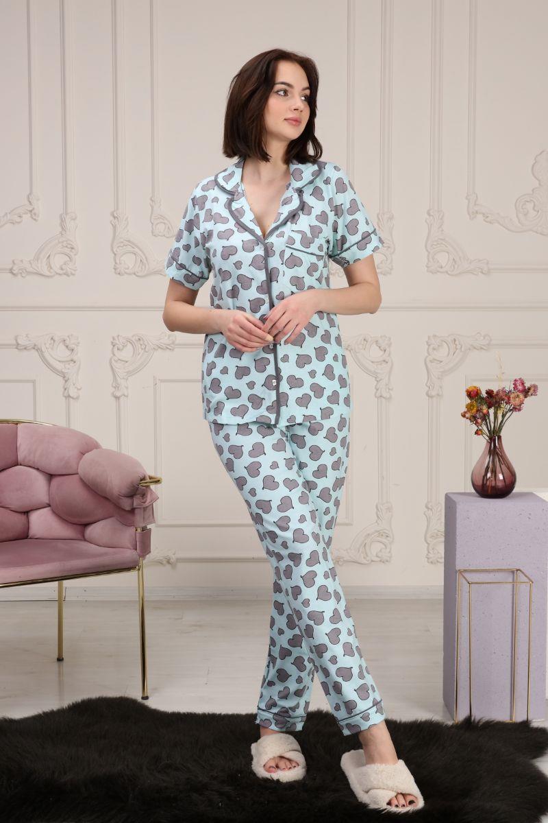 Pijama Takımı Kadın Kalp Baskılı Cepli Maskülen Yaka Pijama Takımı Turkuaz