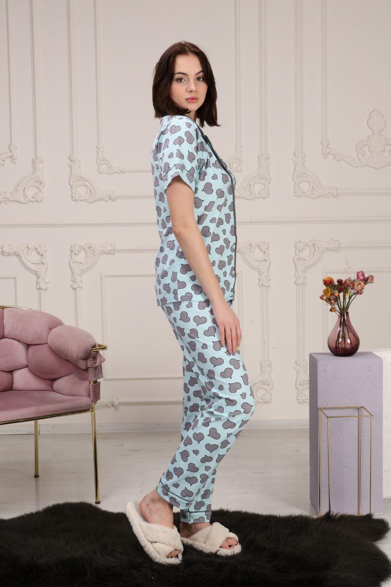 Pijama Takımı Kadın Kalp Baskılı Cepli Maskülen Yaka Pijama Takımı Turkuaz
