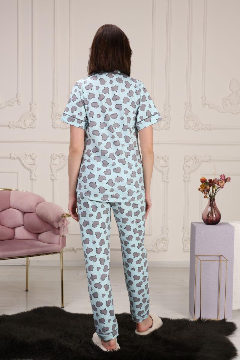 Pijama Takımı Kadın Kalp Baskılı Cepli Maskülen Yaka Pijama Takımı Turkuaz