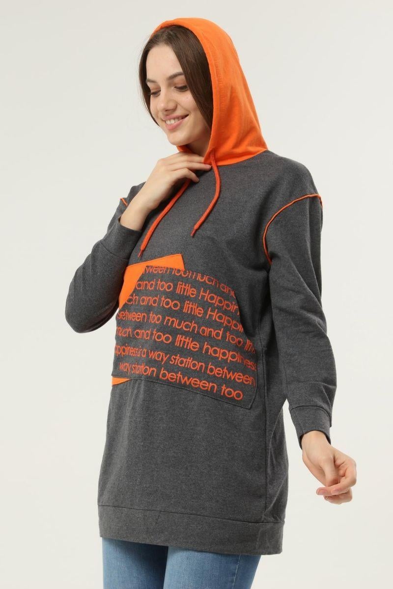 Sweatshirt Kadın Kanguru Cepli Baskılı Kapüşonlu Sweatshirt Gri