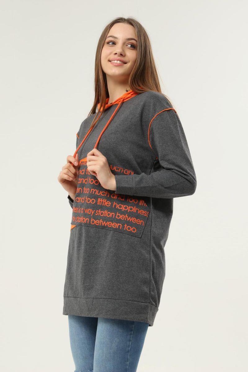 Sweatshirt Kadın Kanguru Cepli Baskılı Kapüşonlu Sweatshirt Gri