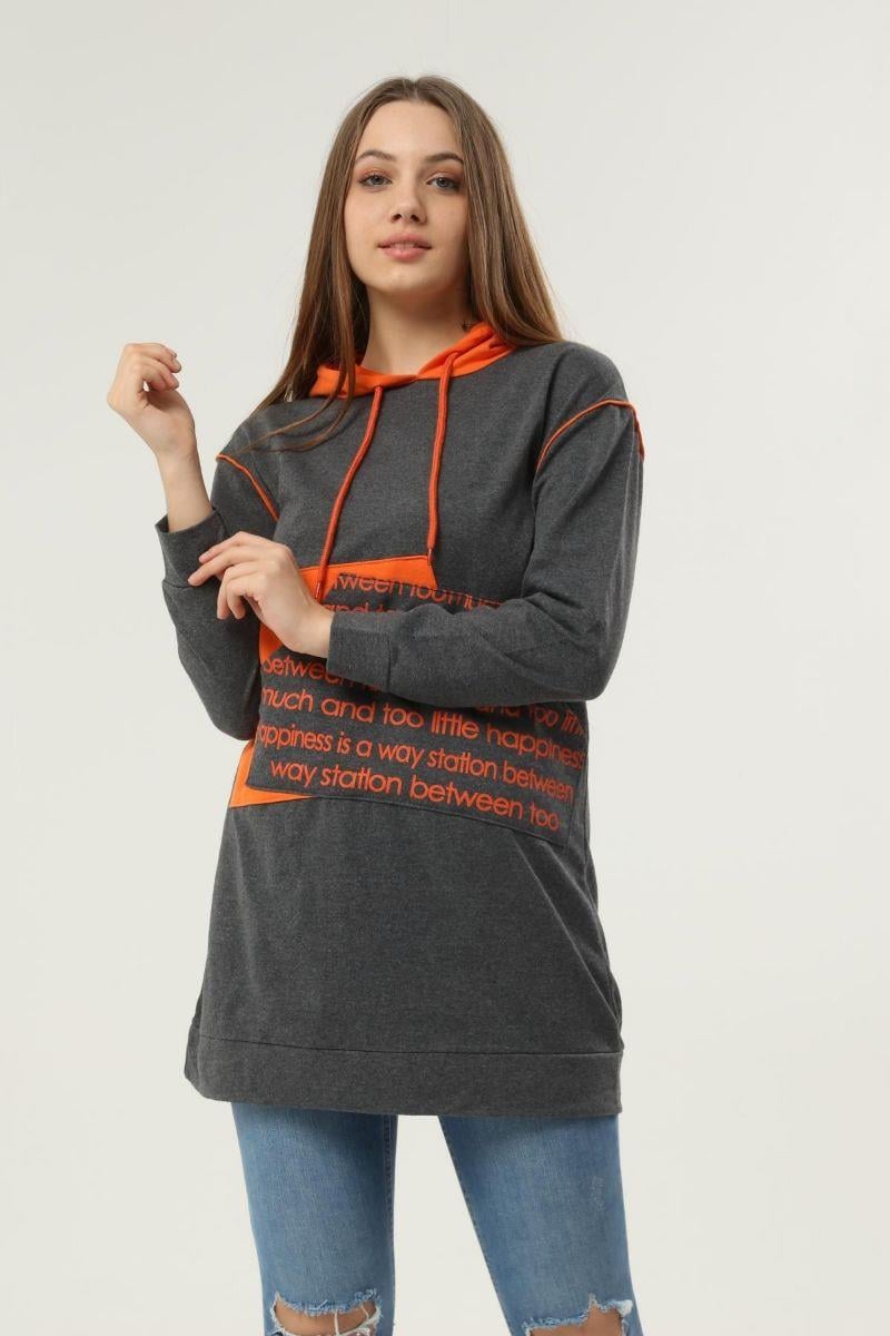 Sweatshirt Kadın Kanguru Cepli Baskılı Kapüşonlu Sweatshirt Gri