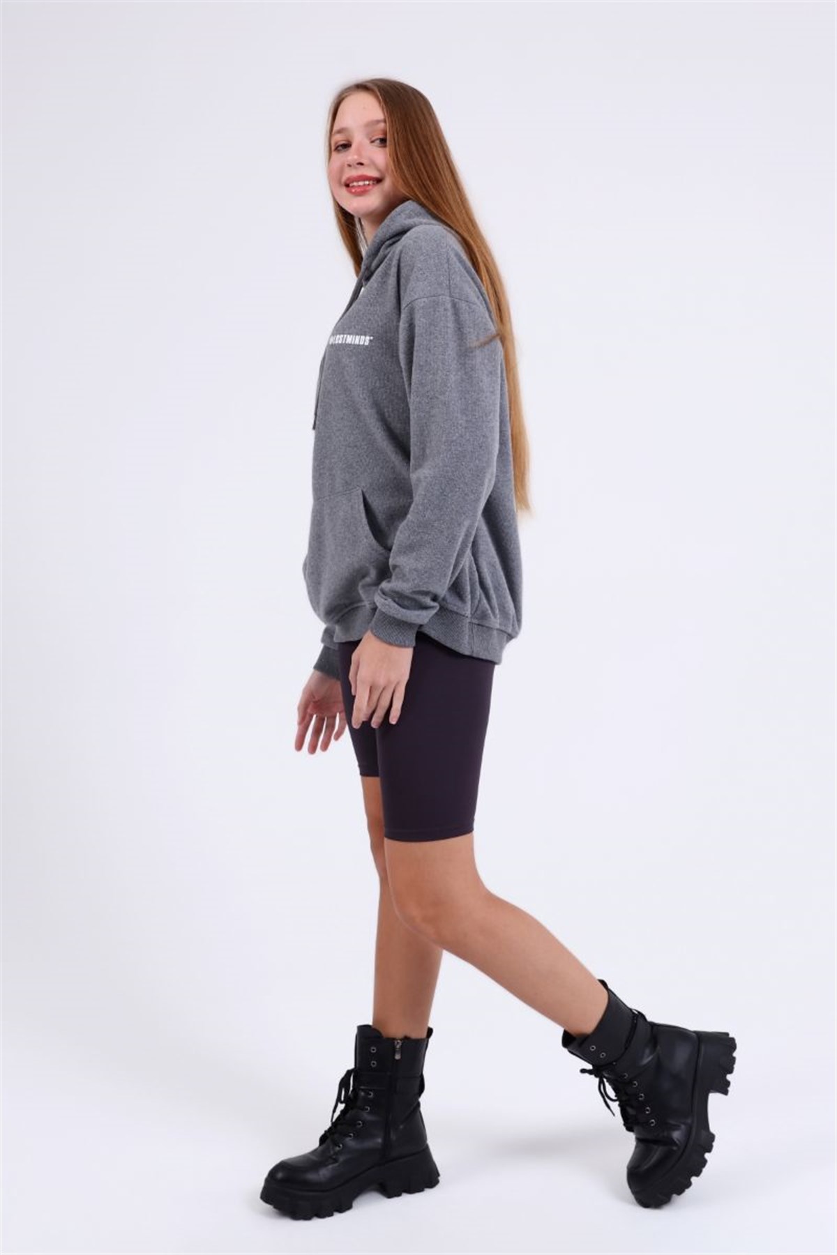 Sweatshirt Kadın Kanguru Cepli Kapüşonlu Arkası Baskılı Sweatshirt Gri