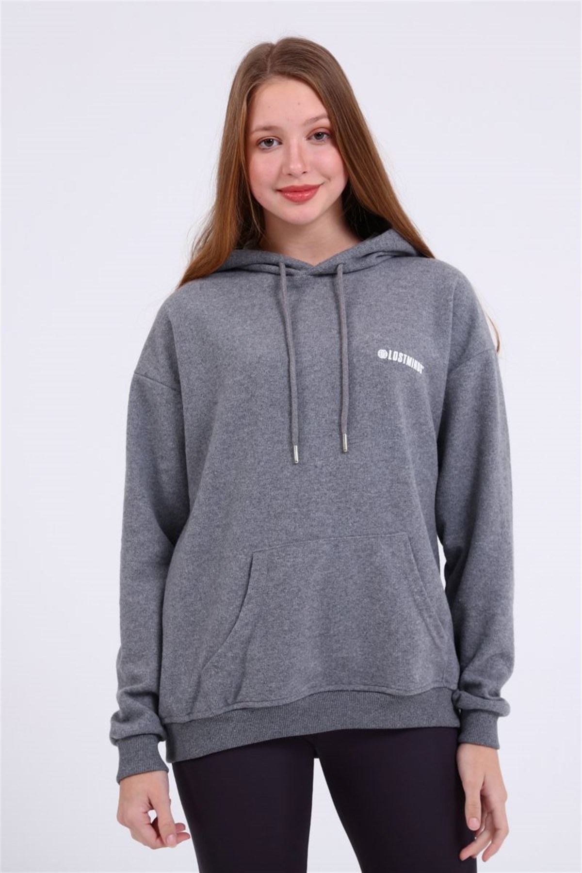 Sweatshirt Kadın Kanguru Cepli Kapüşonlu Arkası Baskılı Sweatshirt Gri