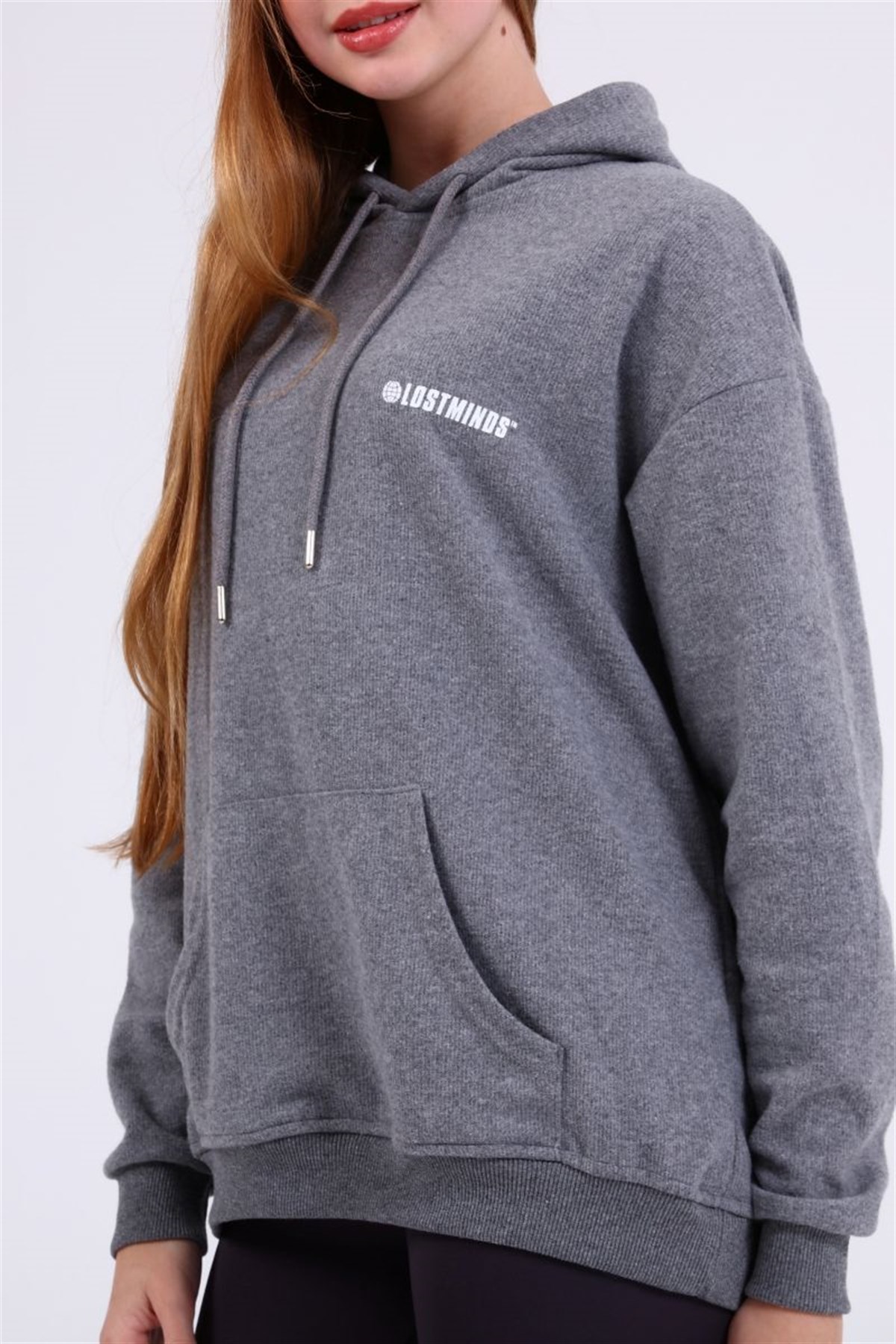 Sweatshirt Kadın Kanguru Cepli Kapüşonlu Arkası Baskılı Sweatshirt Gri