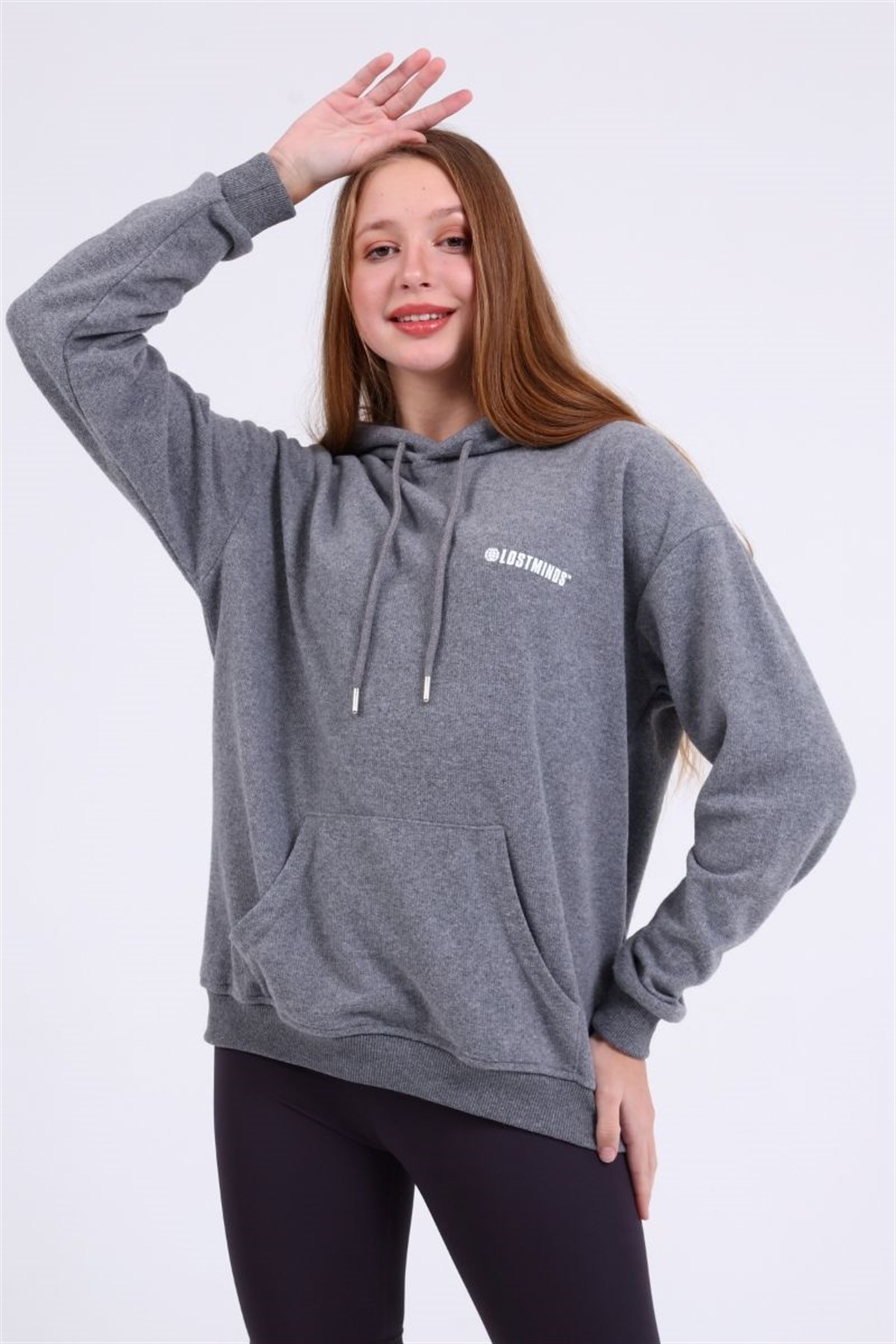 Sweatshirt Kadın Kanguru Cepli Kapüşonlu Arkası Baskılı Sweatshirt Gri