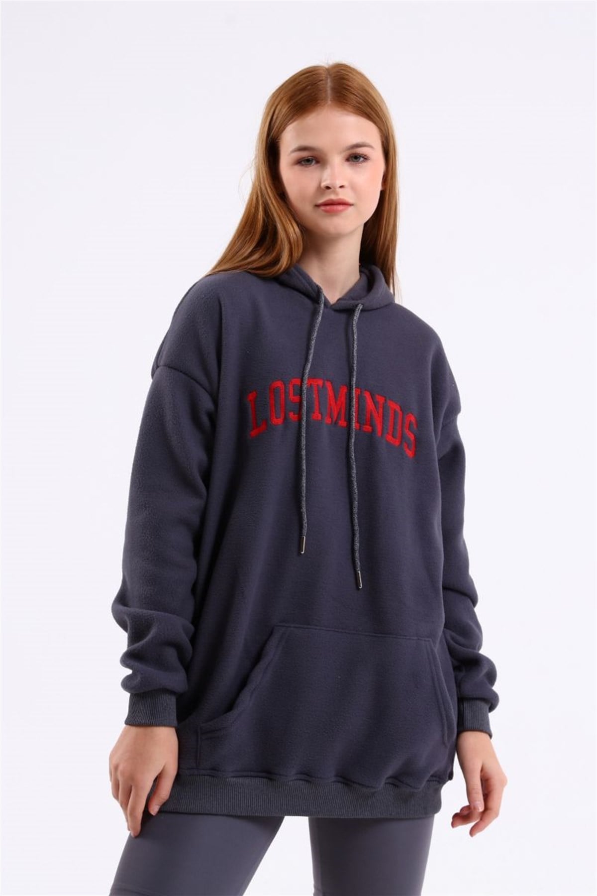 Sweatshirt Kadın Kanguru Cepli Kapüşonlu Lostminds Baskılı Sweatshirt Gri