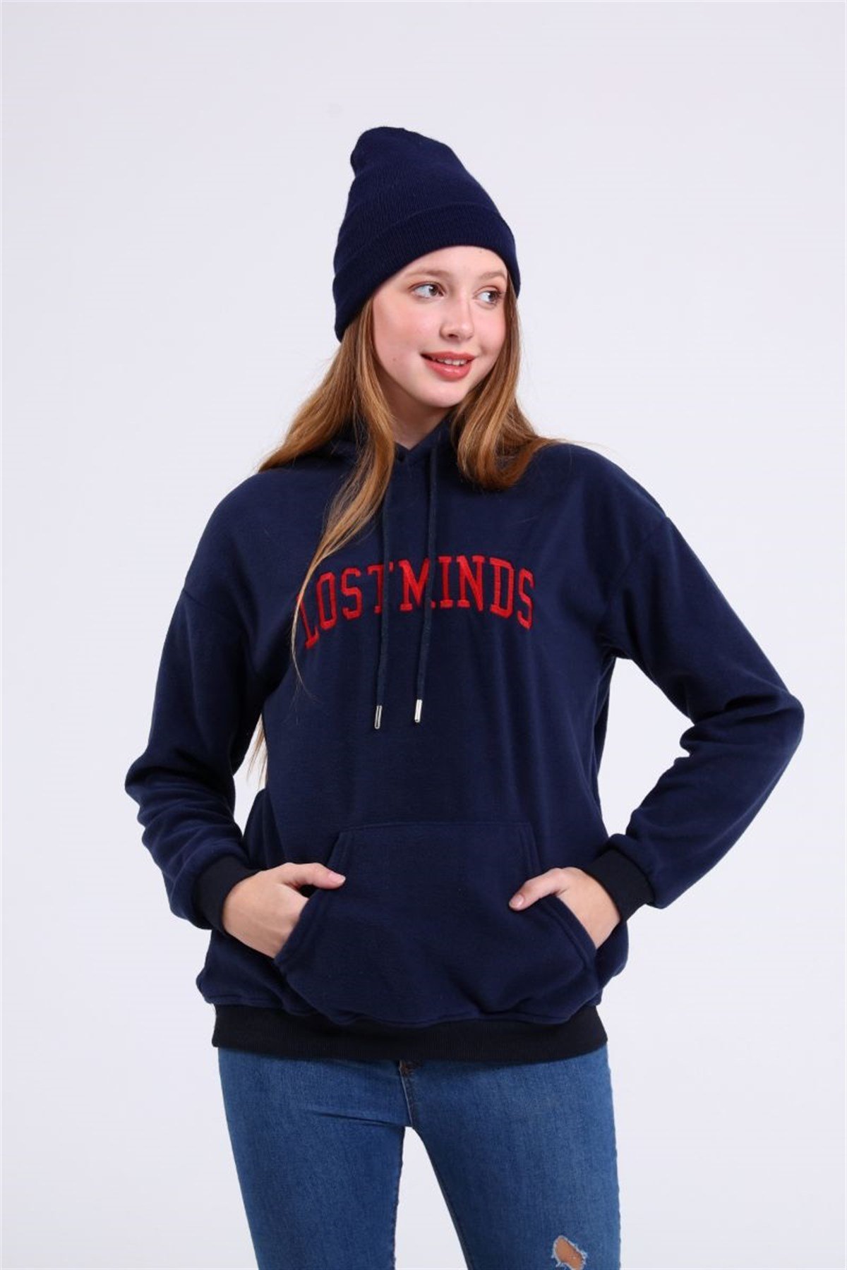 Sweatshirt Kadın Kanguru Cepli Kapüşonlu Lostminds Baskılı Sweatshirt Lacivert