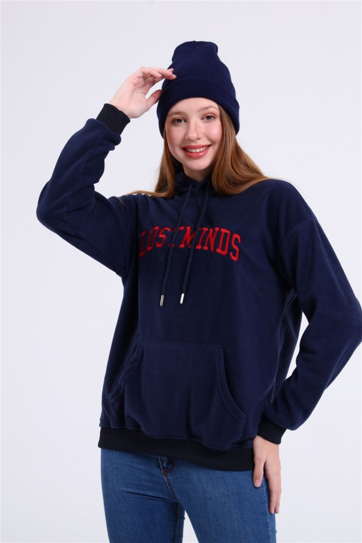Sweatshirt Kadın Kanguru Cepli Kapüşonlu Lostminds Baskılı Sweatshirt Lacivert