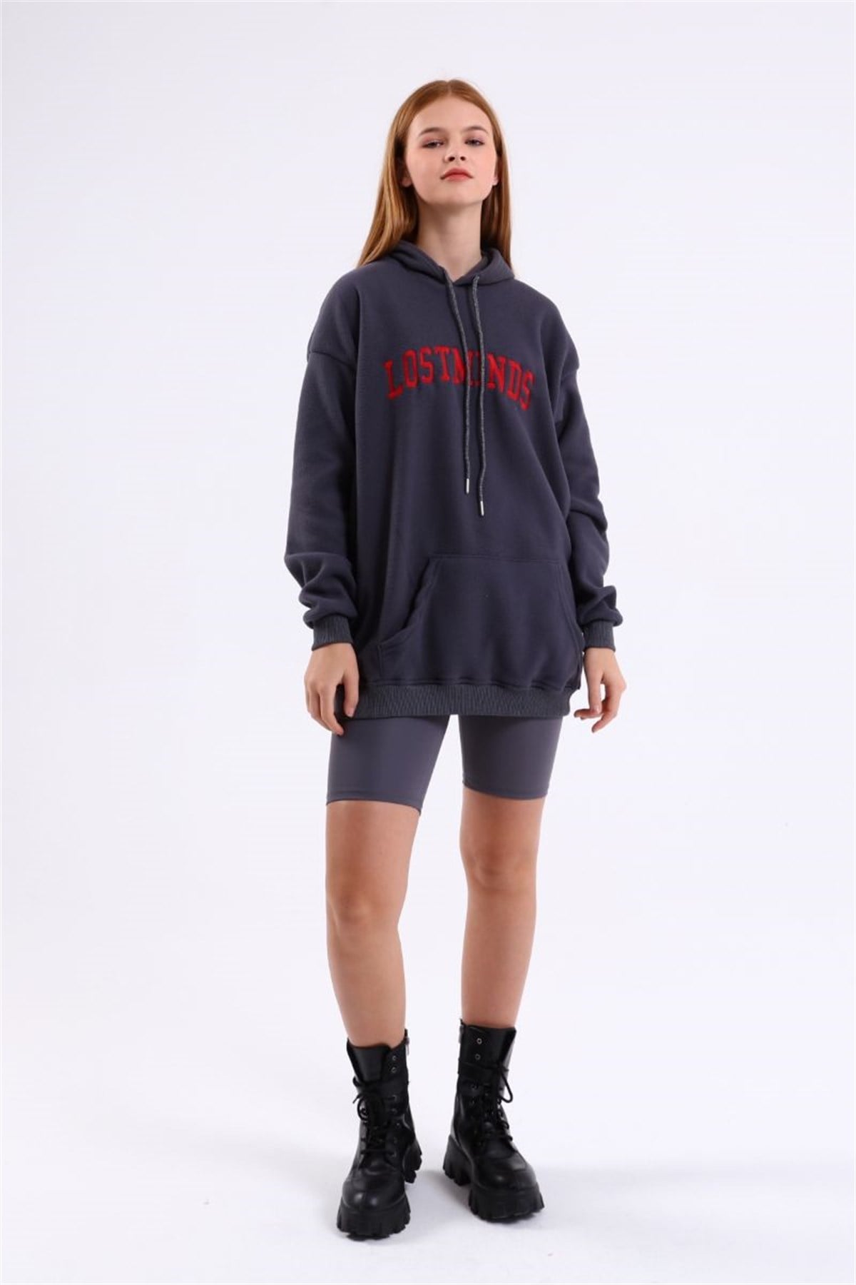 Sweatshirt Kadın Kanguru Cepli Kapüşonlu Lostminds Baskılı Sweatshirt Gri