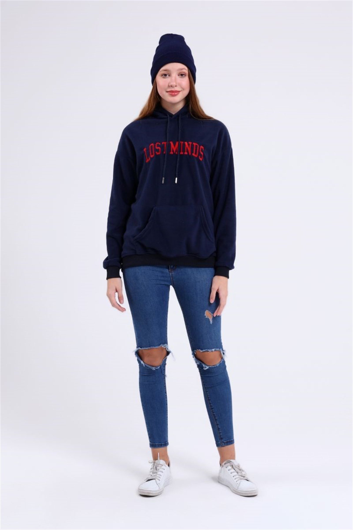 Sweatshirt Kadın Kanguru Cepli Kapüşonlu Lostminds Baskılı Sweatshirt Lacivert