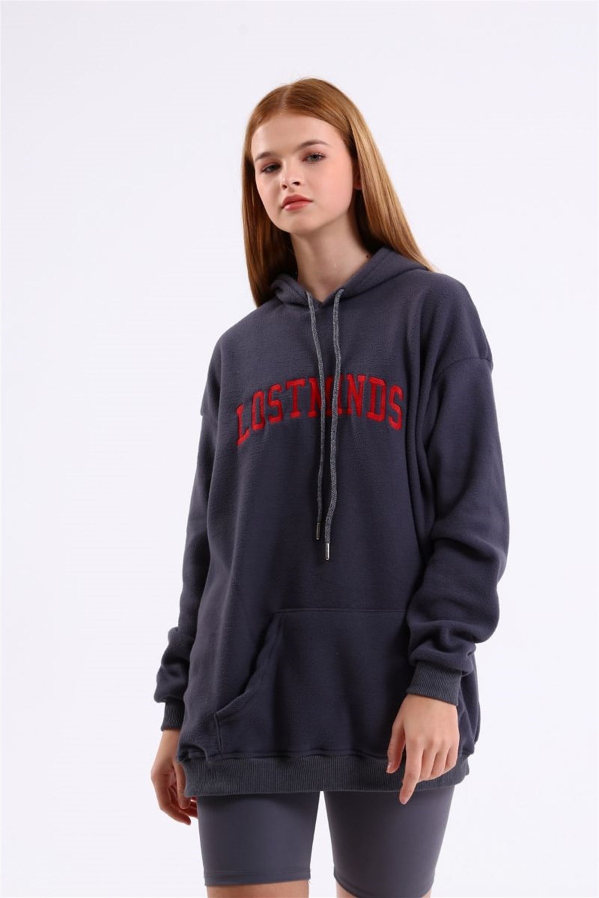 Sweatshirt Kadın Kanguru Cepli Kapüşonlu Lostminds Baskılı Sweatshirt Gri
