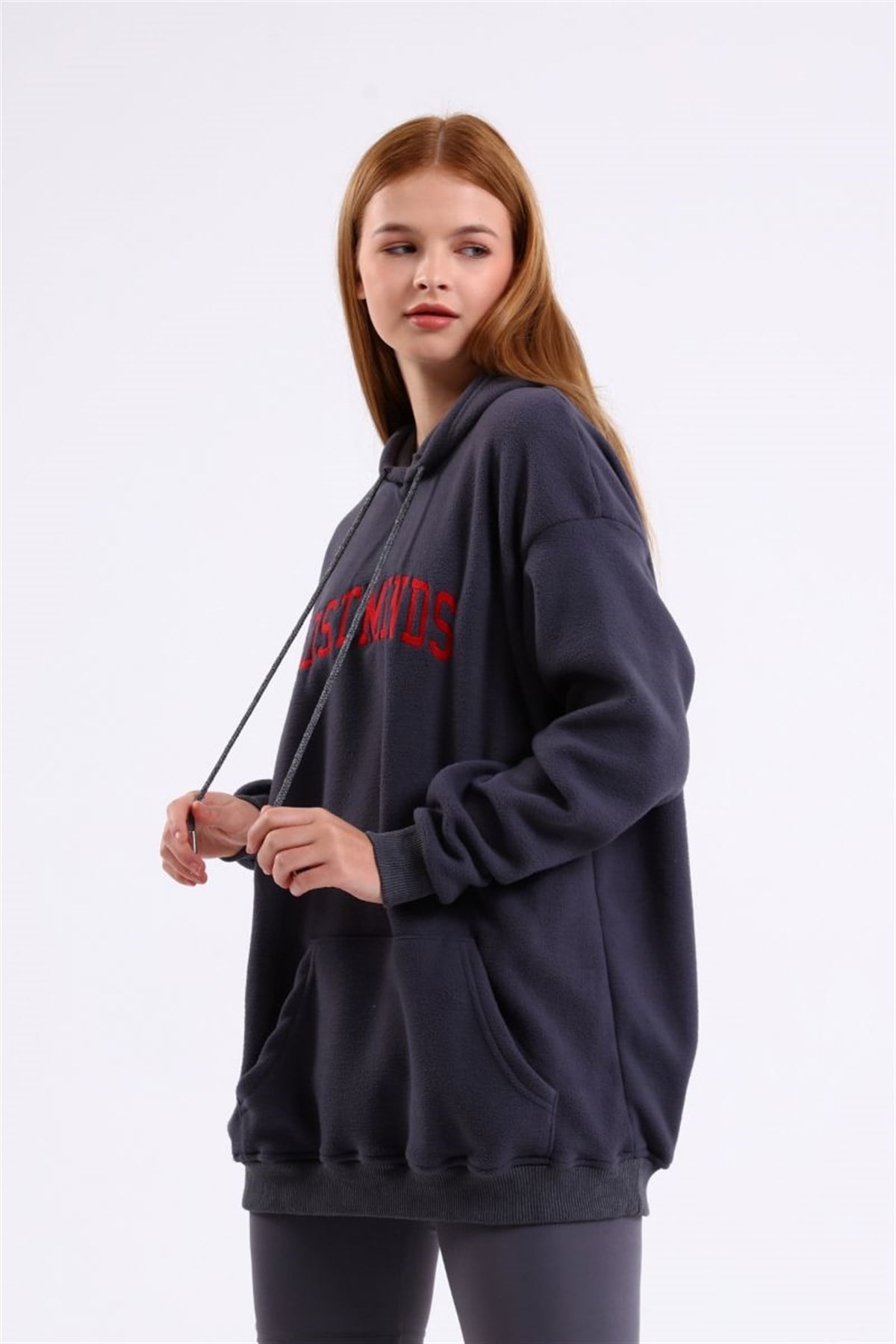 Sweatshirt Kadın Kanguru Cepli Kapüşonlu Lostminds Baskılı Sweatshirt Gri