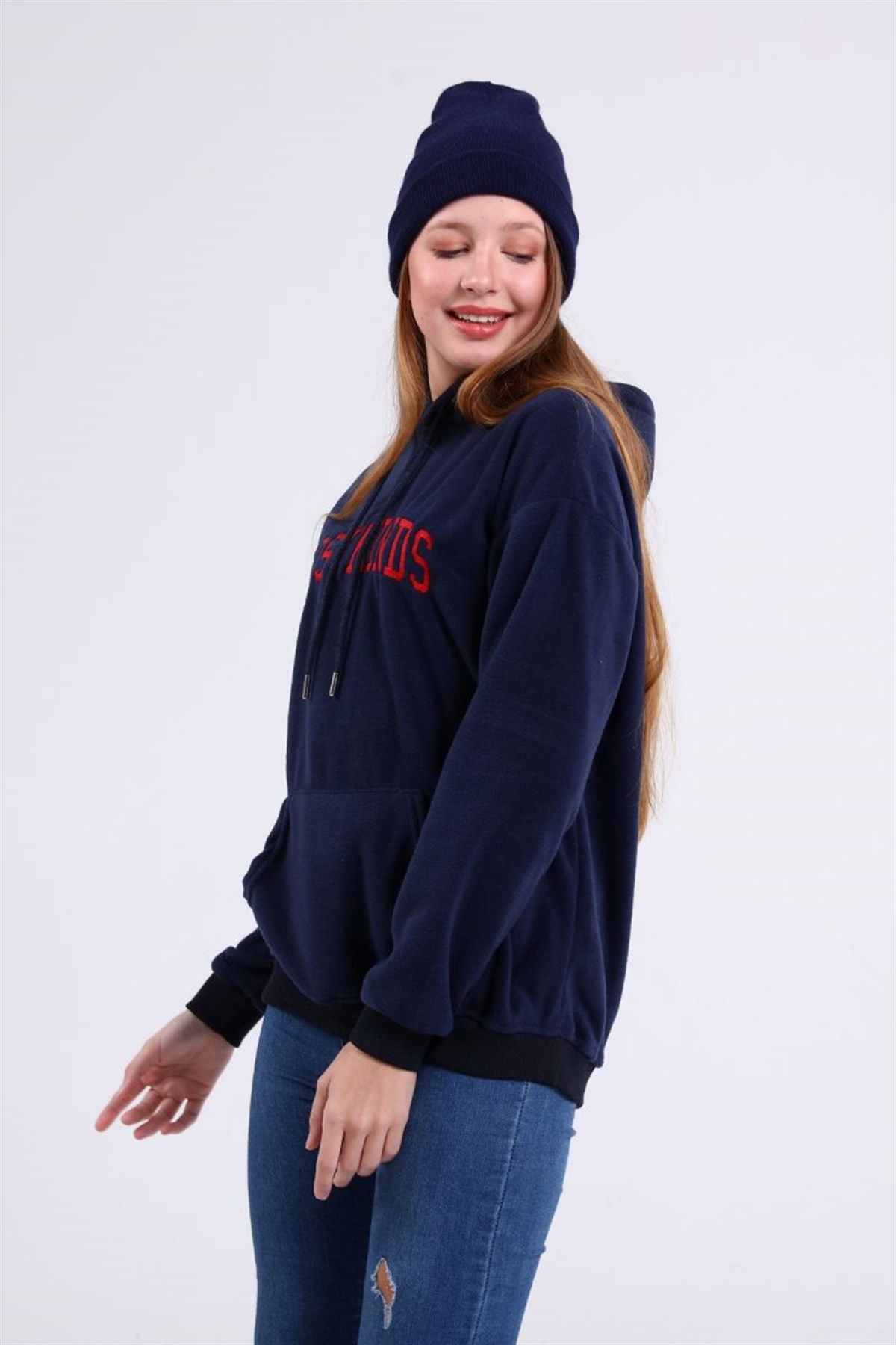 Sweatshirt Kadın Kanguru Cepli Kapüşonlu Lostminds Baskılı Sweatshirt Lacivert