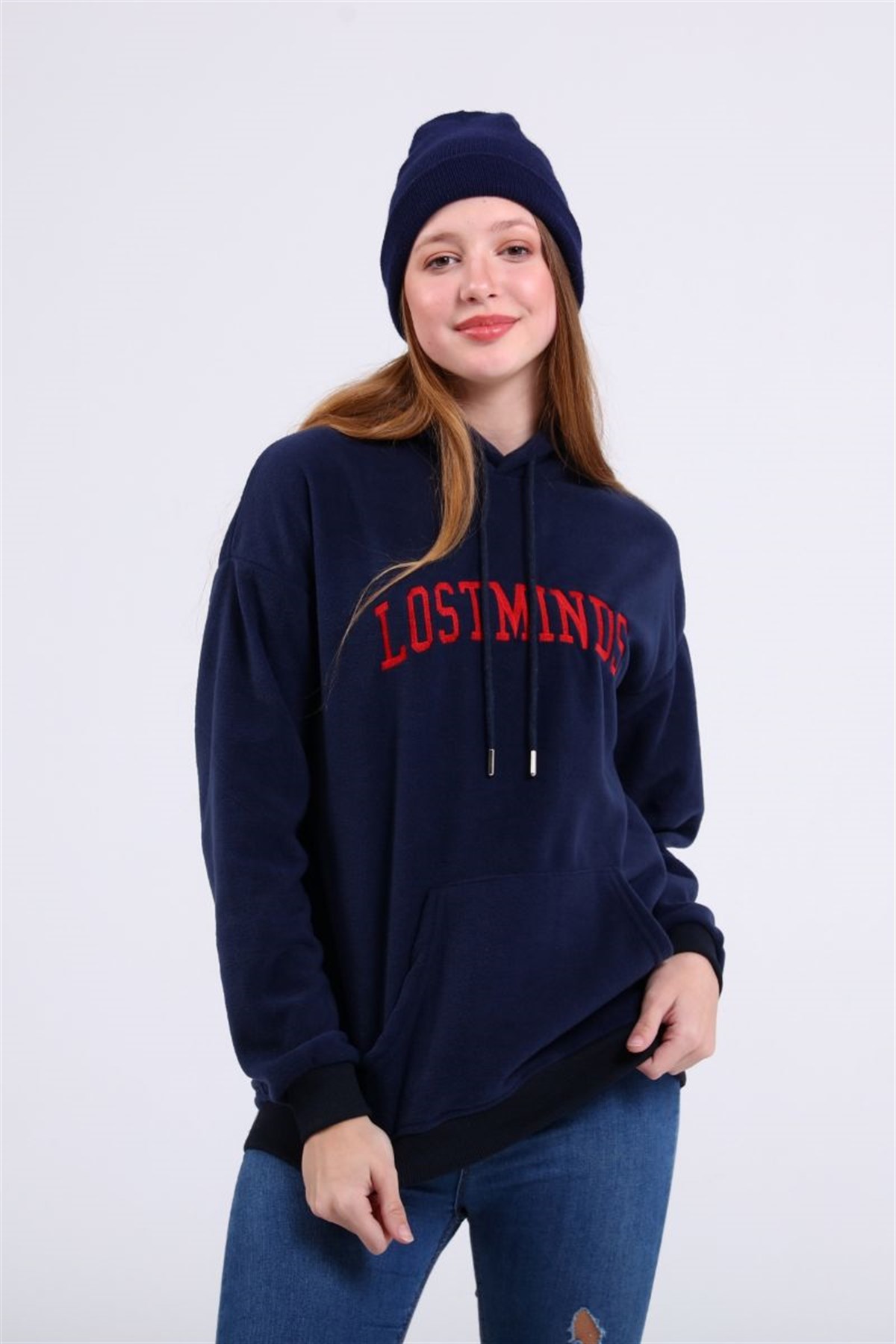 Sweatshirt Kadın Kanguru Cepli Kapüşonlu Lostminds Baskılı Sweatshirt Lacivert