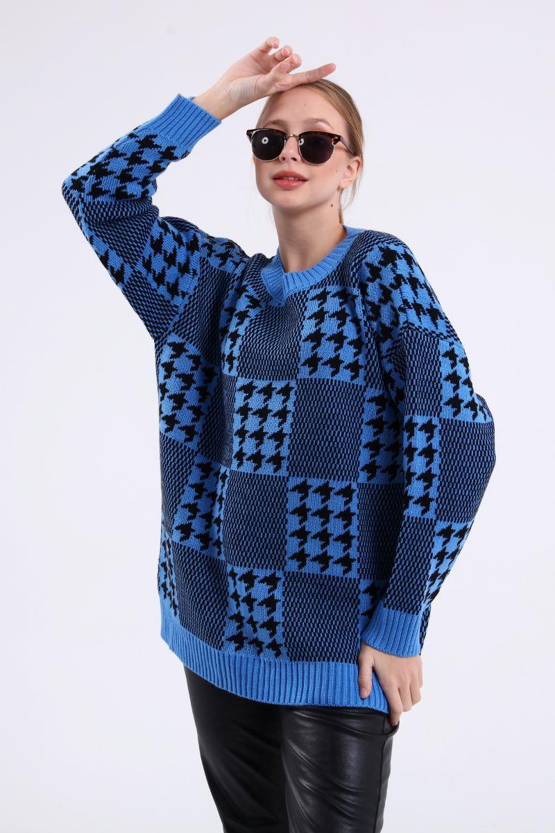 Kazak Kadın Kazayağı Oversize Kazak Mavi