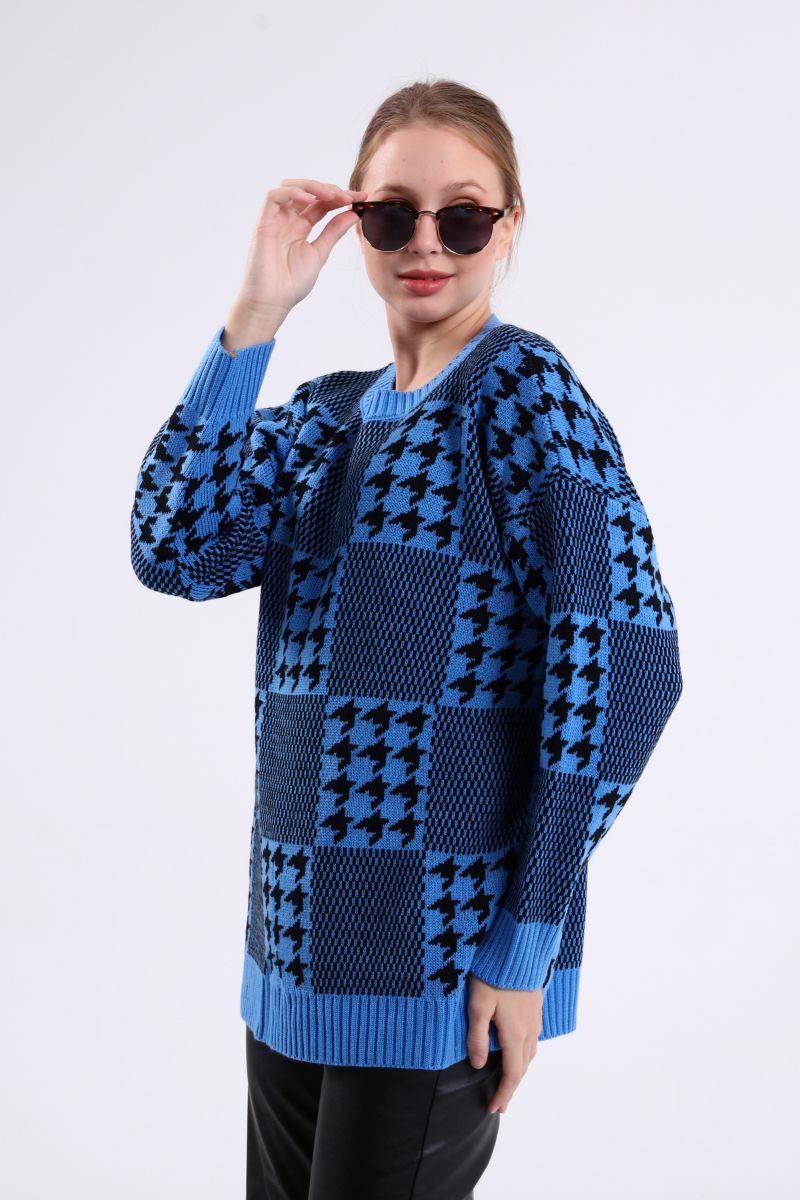 Kazak Kadın Kazayağı Oversize Kazak Mavi