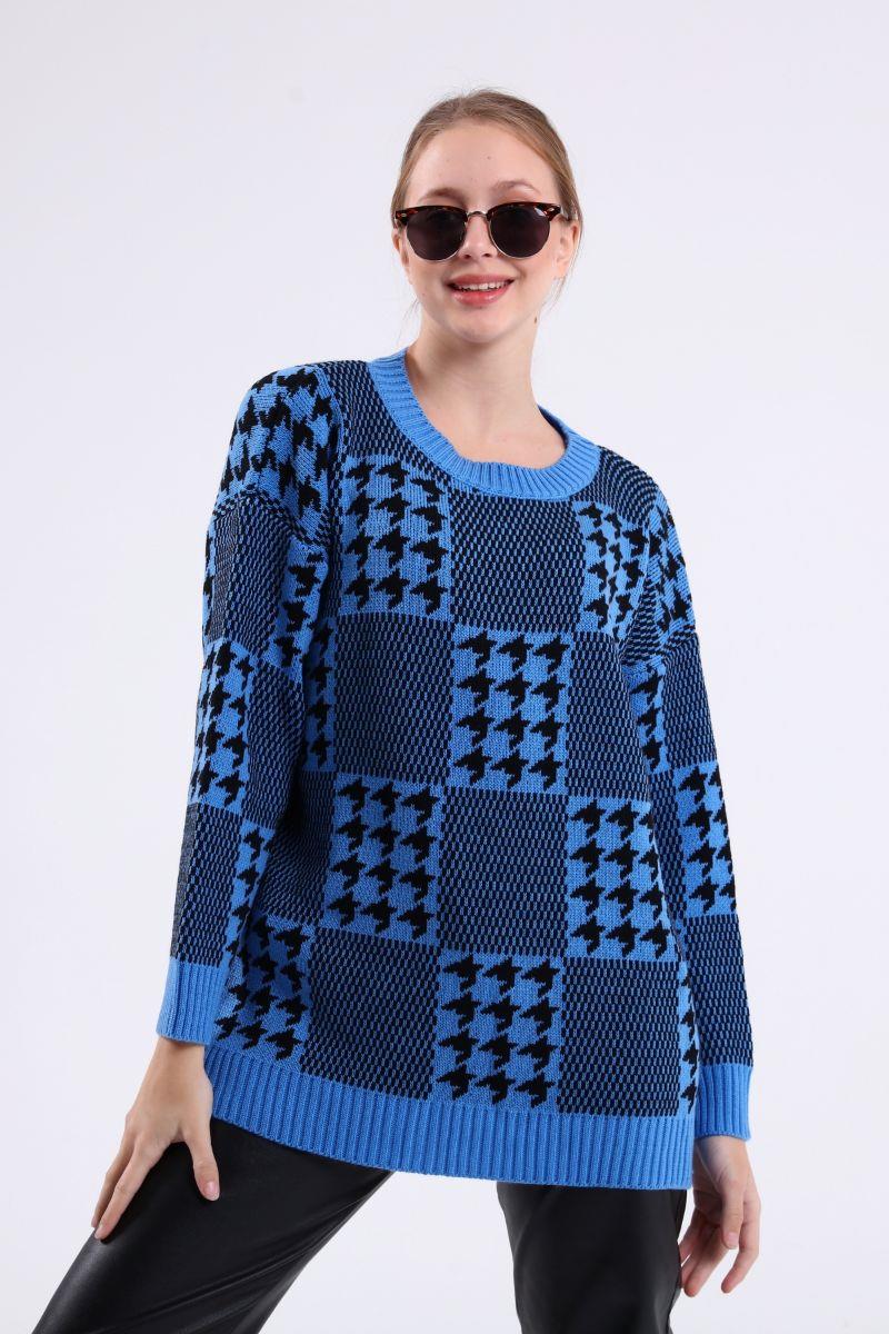 Kazak Kadın Kazayağı Oversize Kazak Mavi