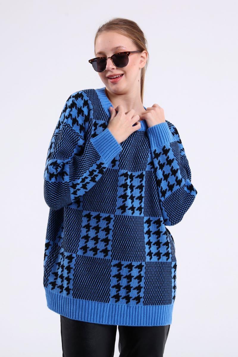 Kazak Kadın Kazayağı Oversize Kazak Mavi