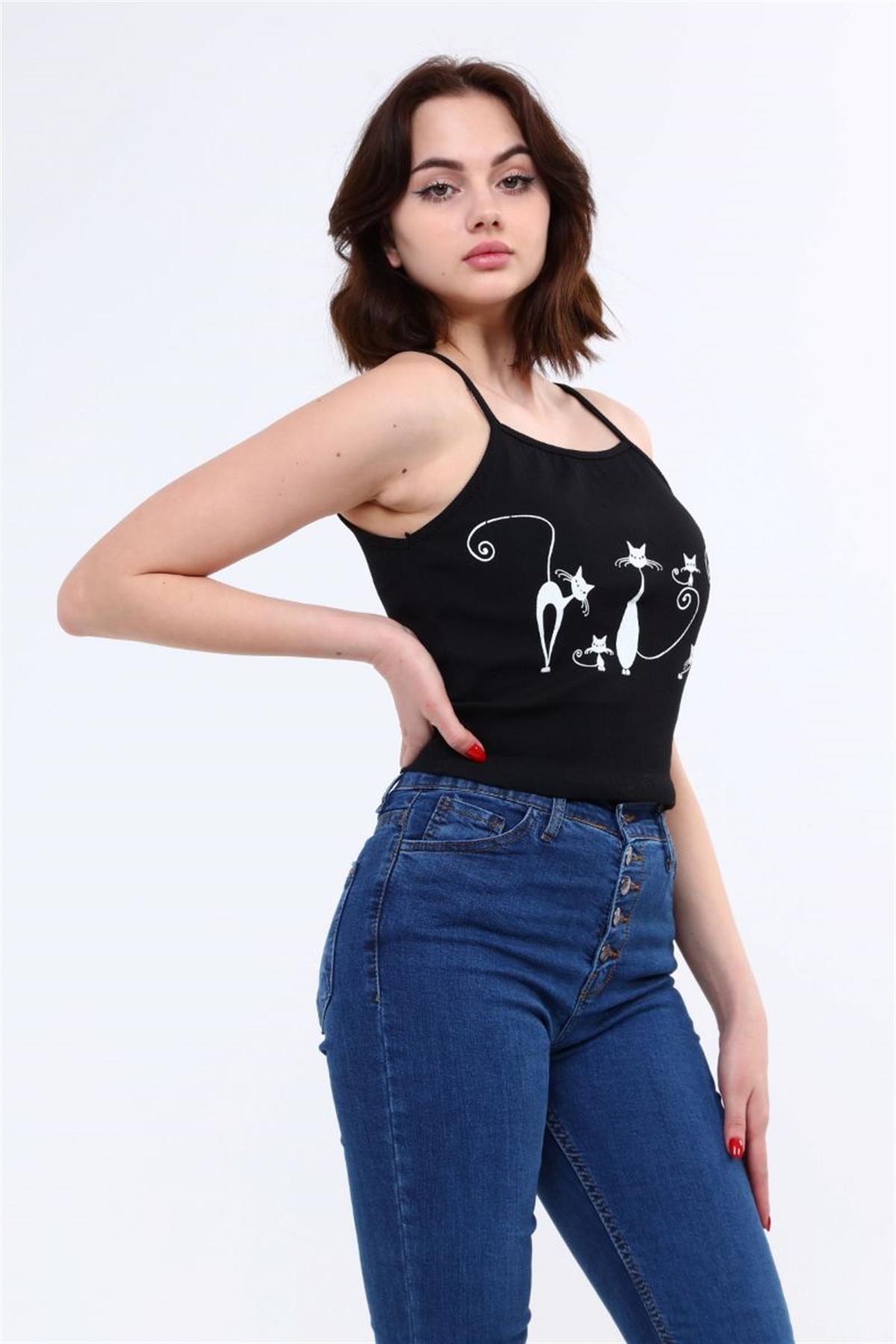 Bustiyer Kadın Kedi Baskılı Crop Siyah