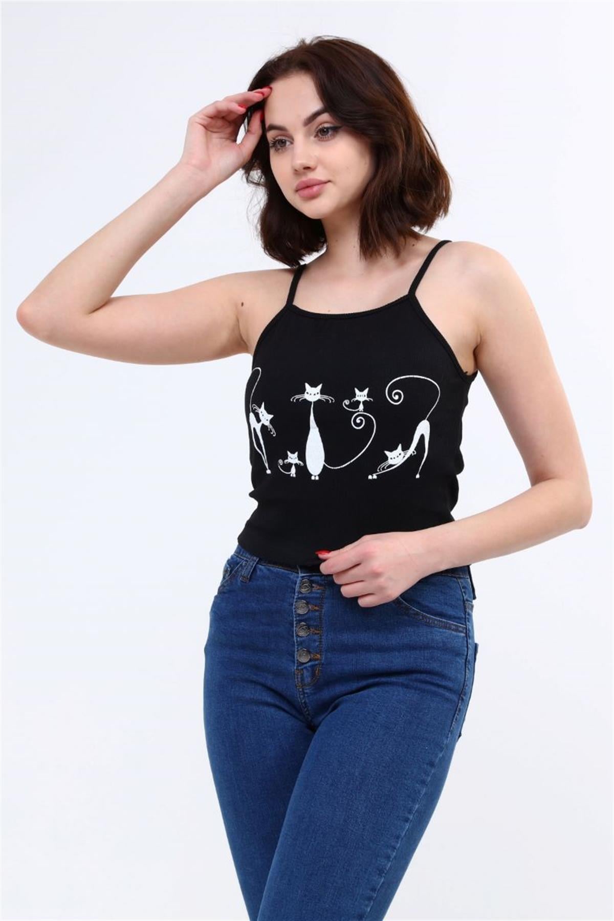 Bustiyer Kadın Kedi Baskılı Crop Siyah