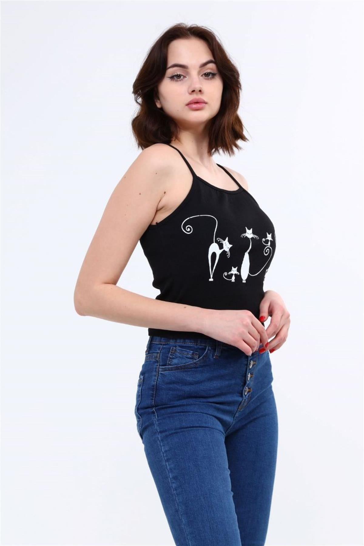 Bustiyer Kadın Kedi Baskılı Crop Siyah