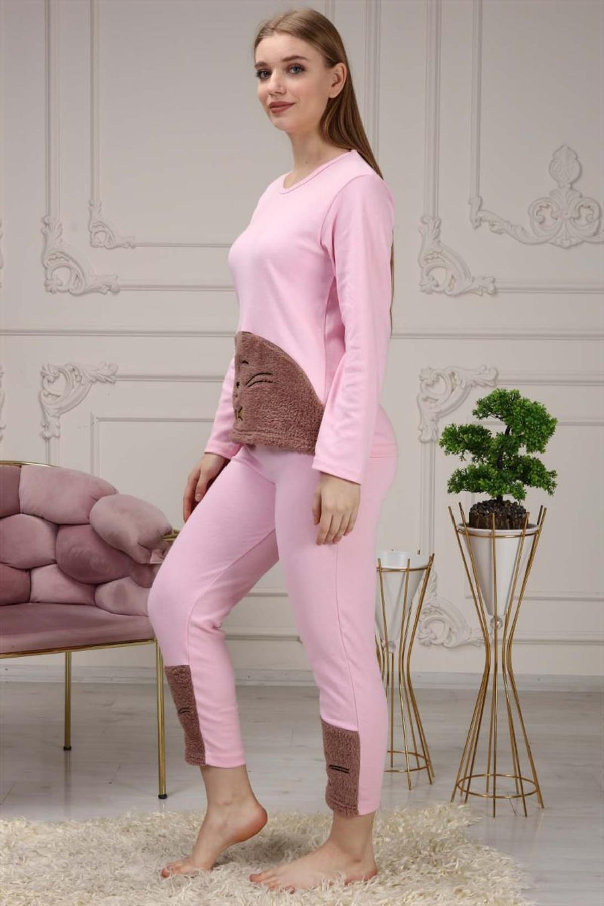 Pijama Takımı Kadın Kedi Nakışlı Polar Pijama Takımı Pembe