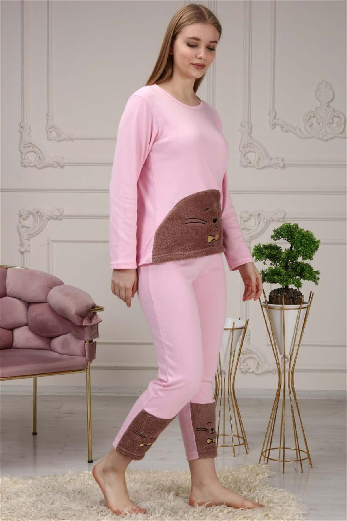 Pijama Takımı Kadın Kedi Nakışlı Polar Pijama Takımı Pembe