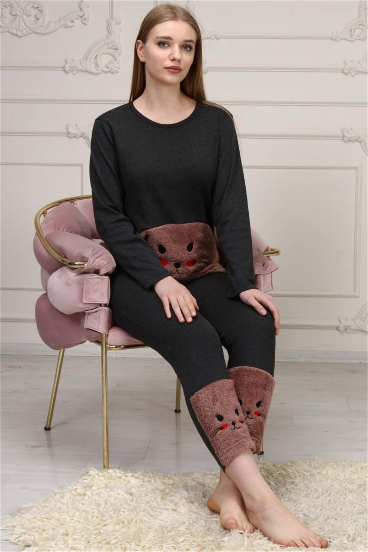 Pijama Takımı Kadın Kedi Nakışlı Polar Pijama Takımı Kahverengi