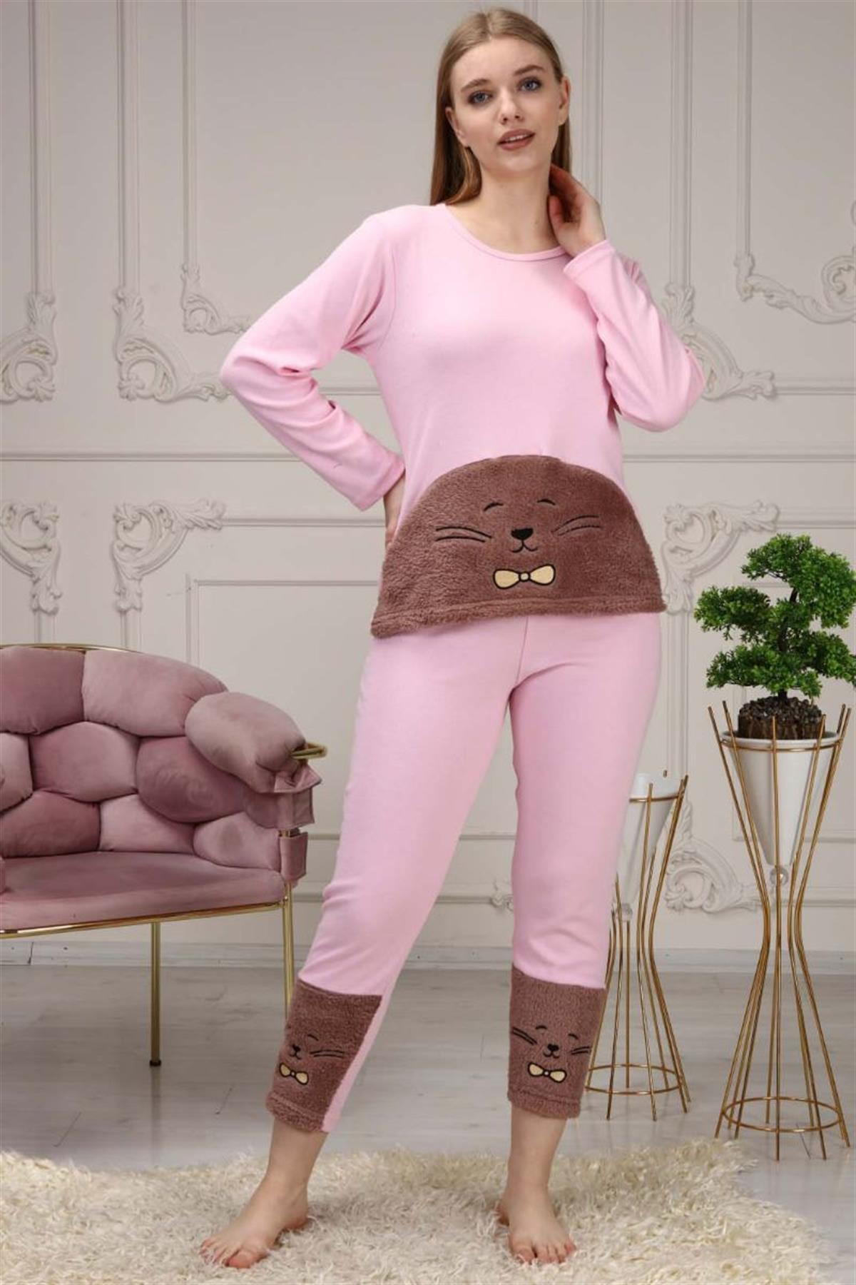 Pijama Takımı Kadın Kedi Nakışlı Polar Pijama Takımı Pembe