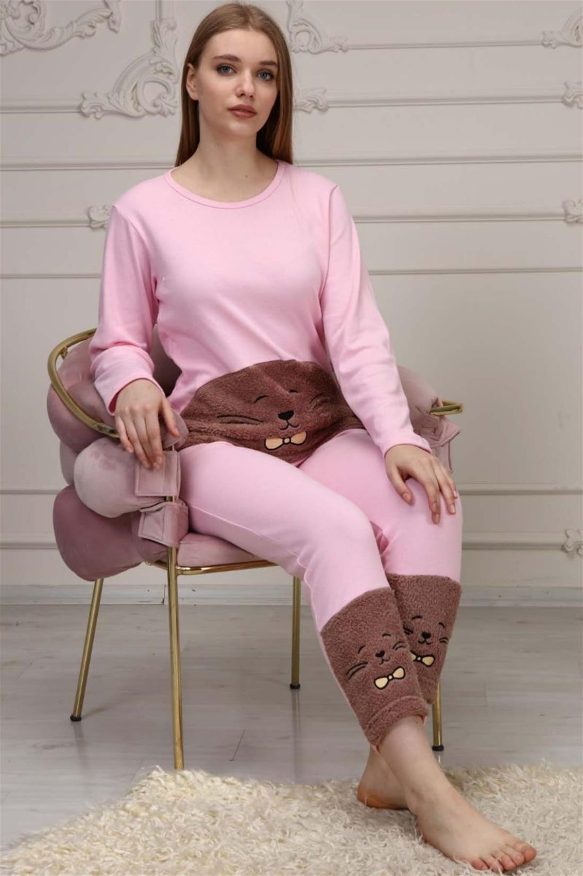 Pijama Takımı Kadın Kedi Nakışlı Polar Pijama Takımı Pembe