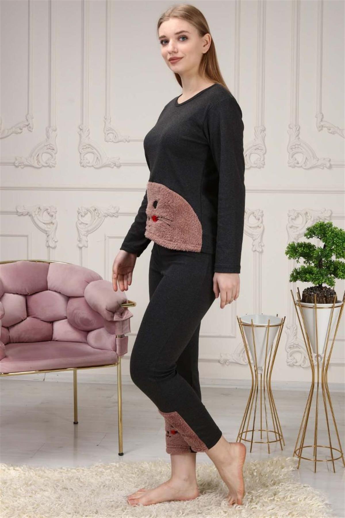 Pijama Takımı Kadın Kedi Nakışlı Polar Pijama Takımı Kahverengi