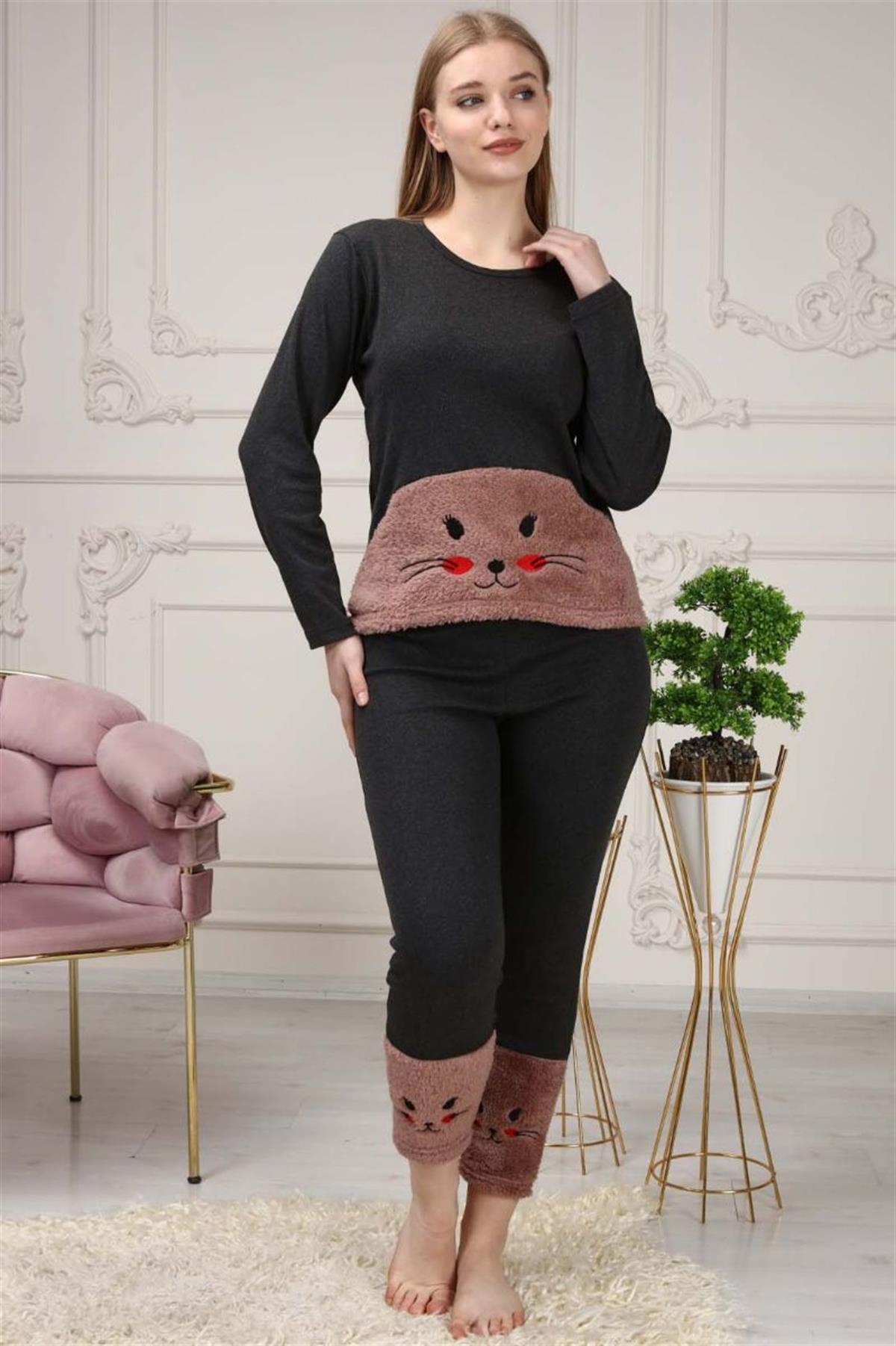 Pijama Takımı Kadın Kedi Nakışlı Polar Pijama Takımı Kahverengi