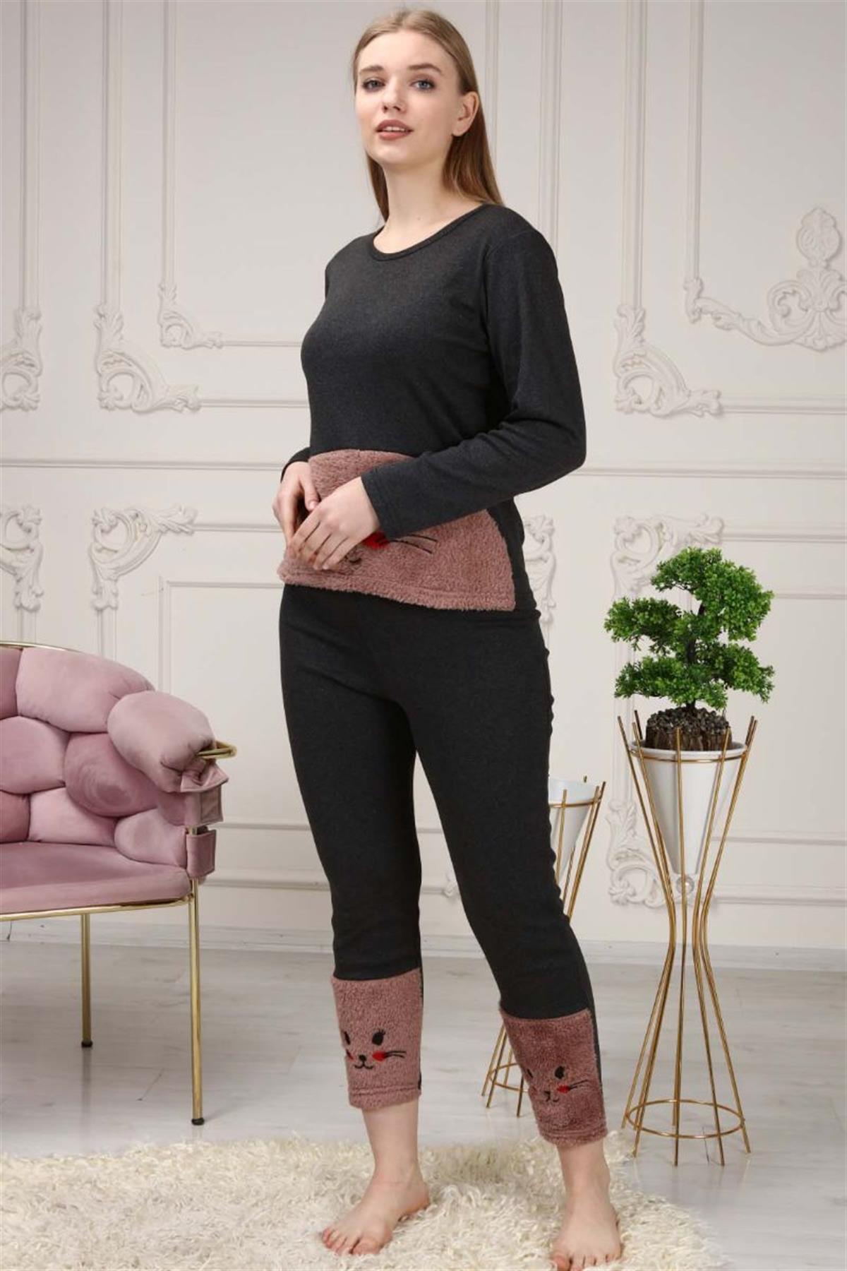 Pijama Takımı Kadın Kedi Nakışlı Polar Pijama Takımı Kahverengi