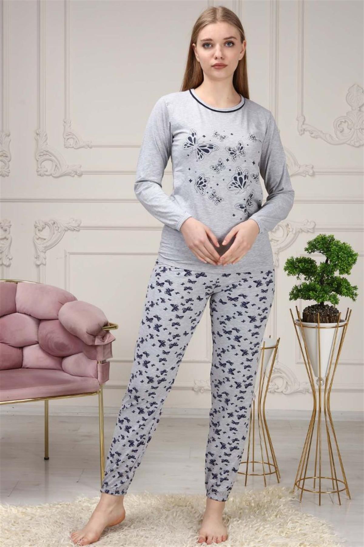 Pijama Takımı Kadın Kelebek Baskılı Pijama Takımı Gri