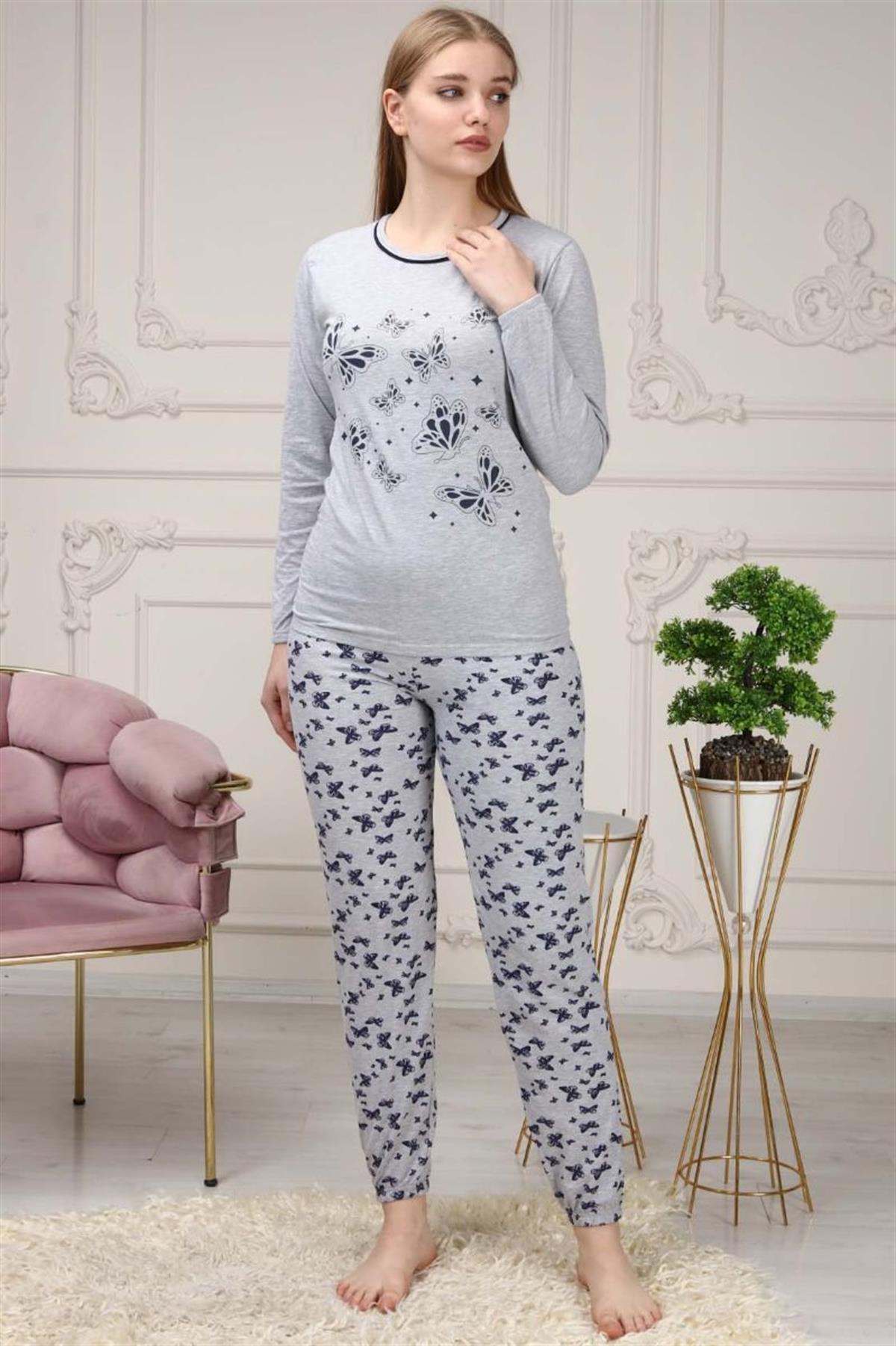 Pijama Takımı Kadın Kelebek Baskılı Pijama Takımı Gri