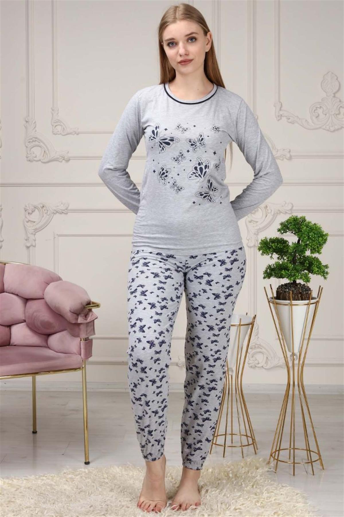 Pijama Takımı Kadın Kelebek Baskılı Pijama Takımı Gri