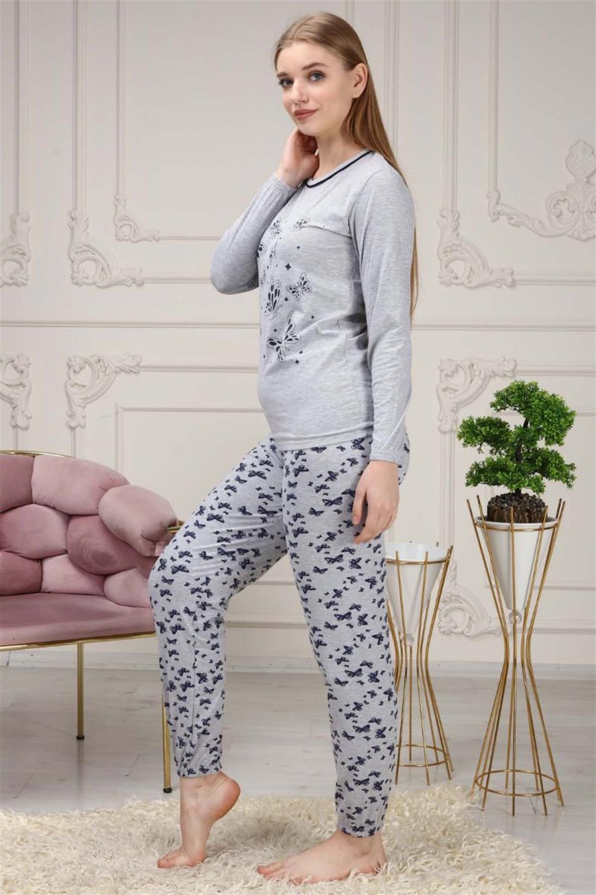 Pijama Takımı Kadın Kelebek Baskılı Pijama Takımı Gri