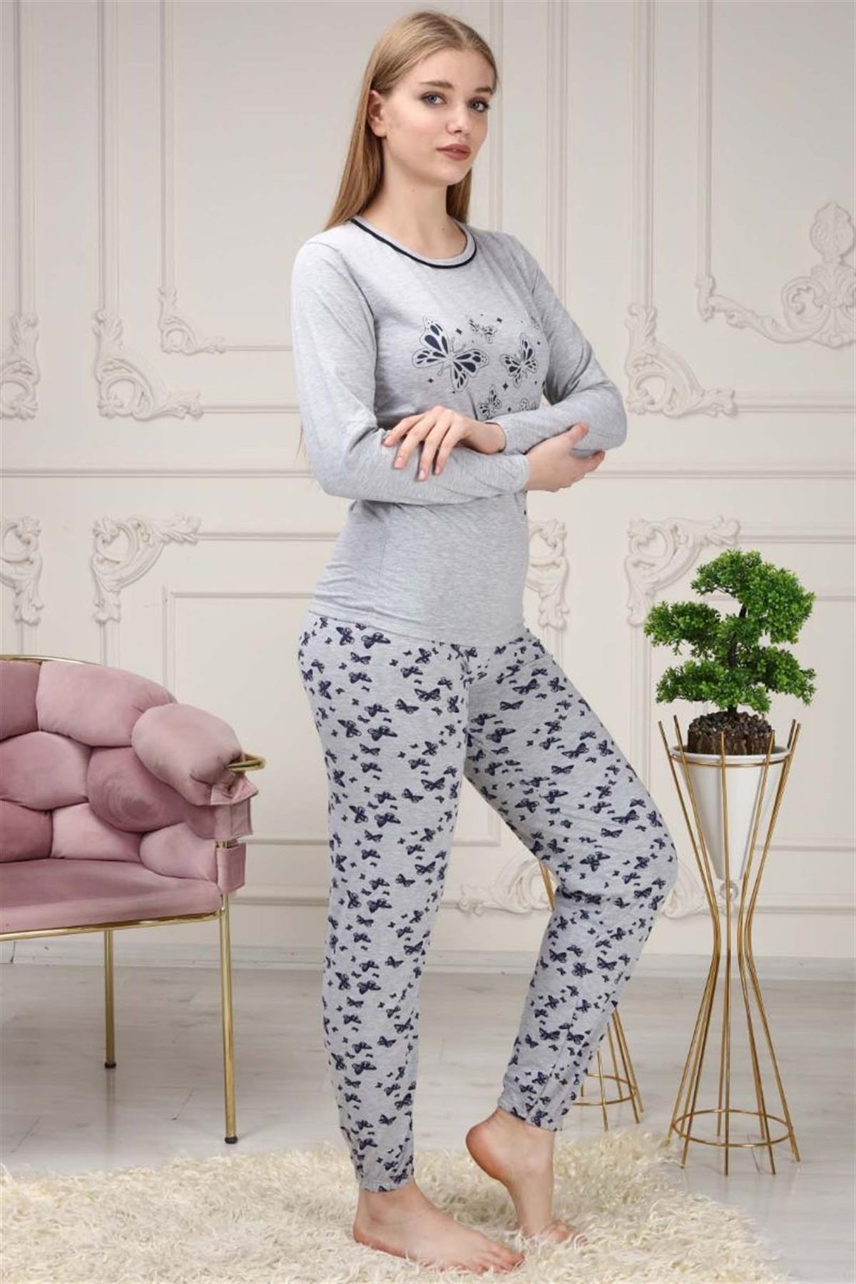 Pijama Takımı Kadın Kelebek Baskılı Pijama Takımı Gri