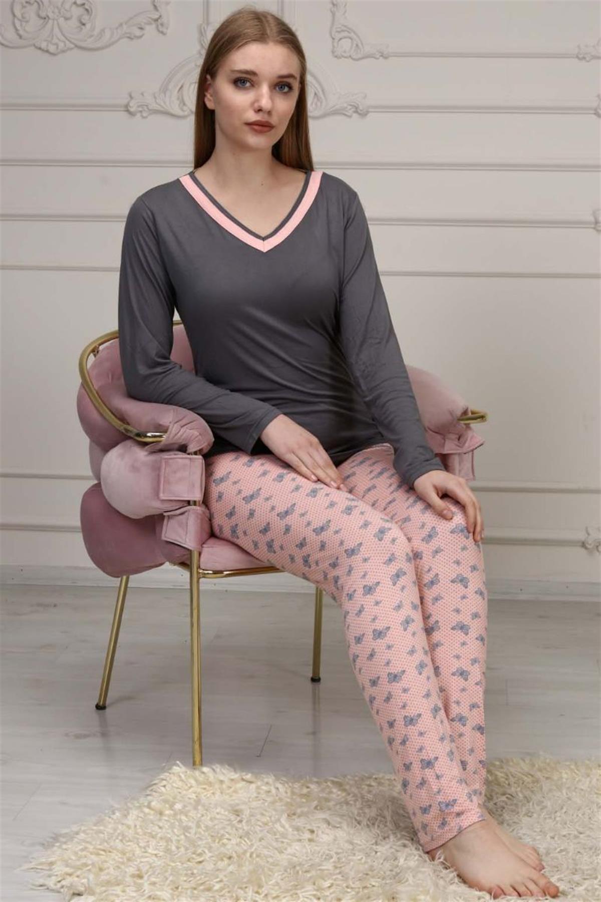 Pijama Takımı Kadın Kelebek Baskılı V Yaka Pijama Takımı Gri