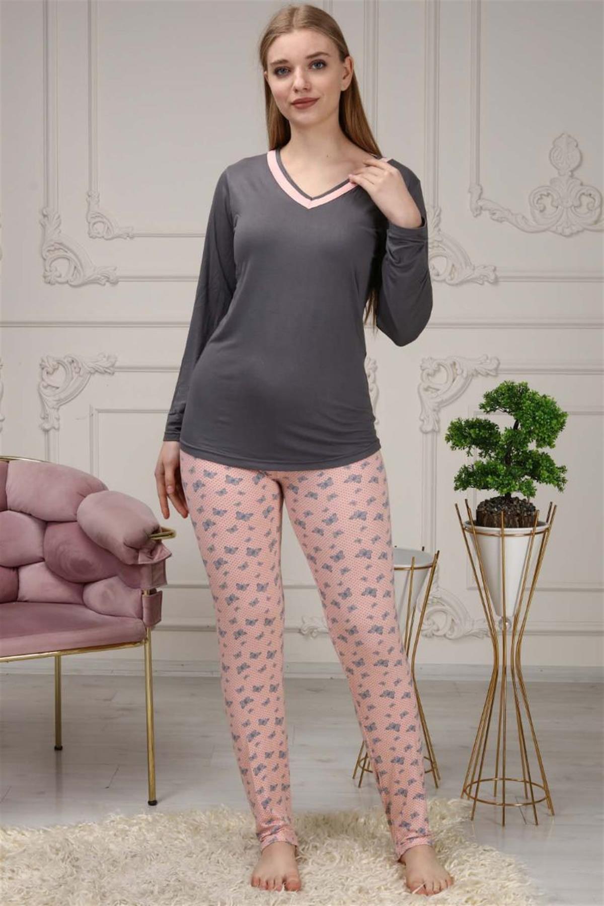 Pijama Takımı Kadın Kelebek Baskılı V Yaka Pijama Takımı Gri