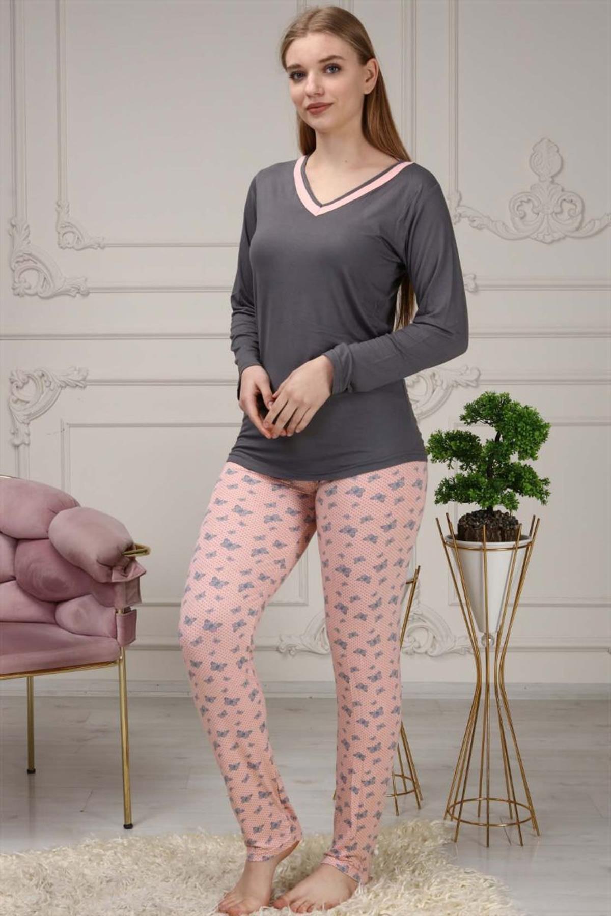 Pijama Takımı Kadın Kelebek Baskılı V Yaka Pijama Takımı Gri