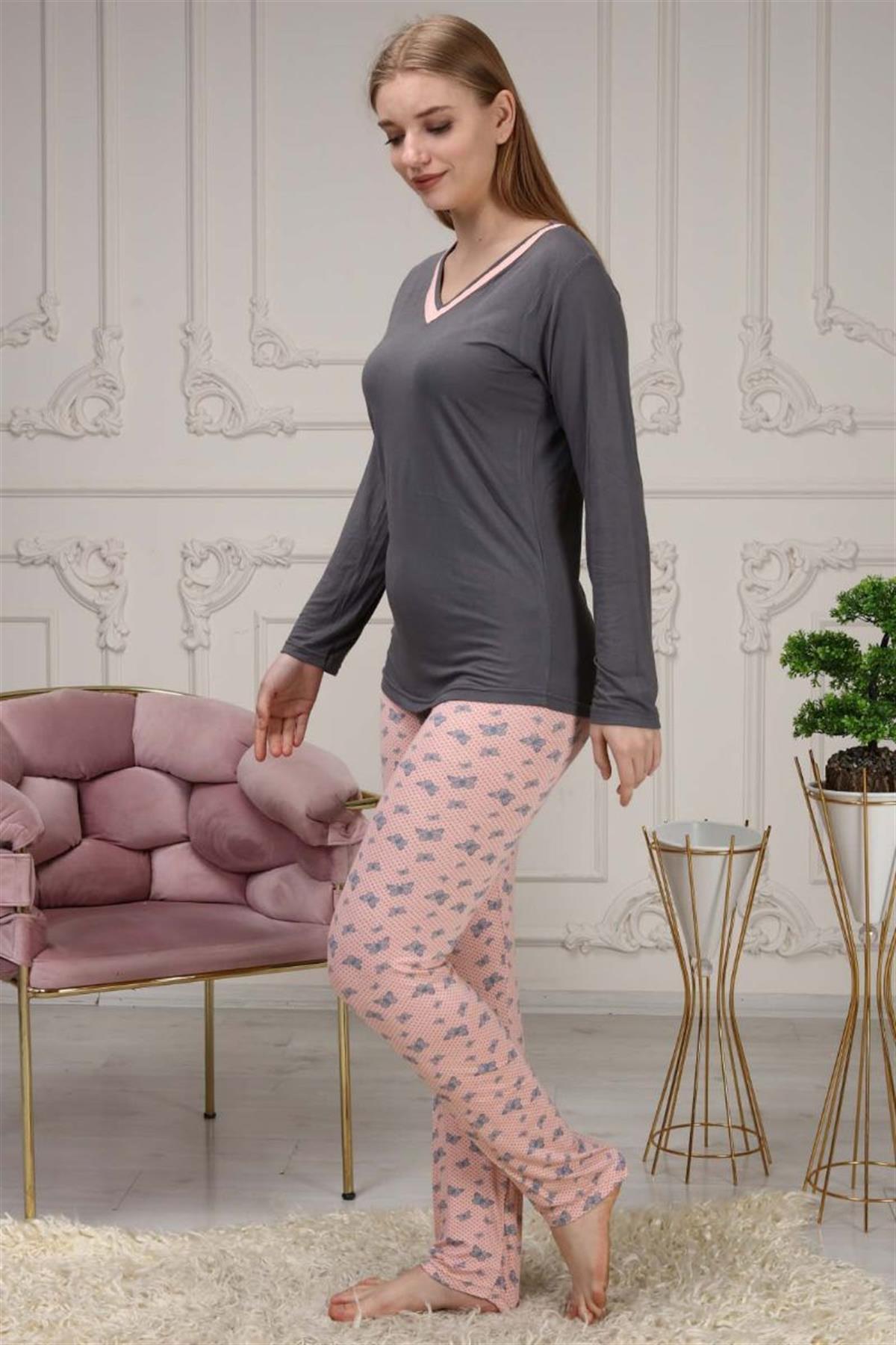 Pijama Takımı Kadın Kelebek Baskılı V Yaka Pijama Takımı Gri