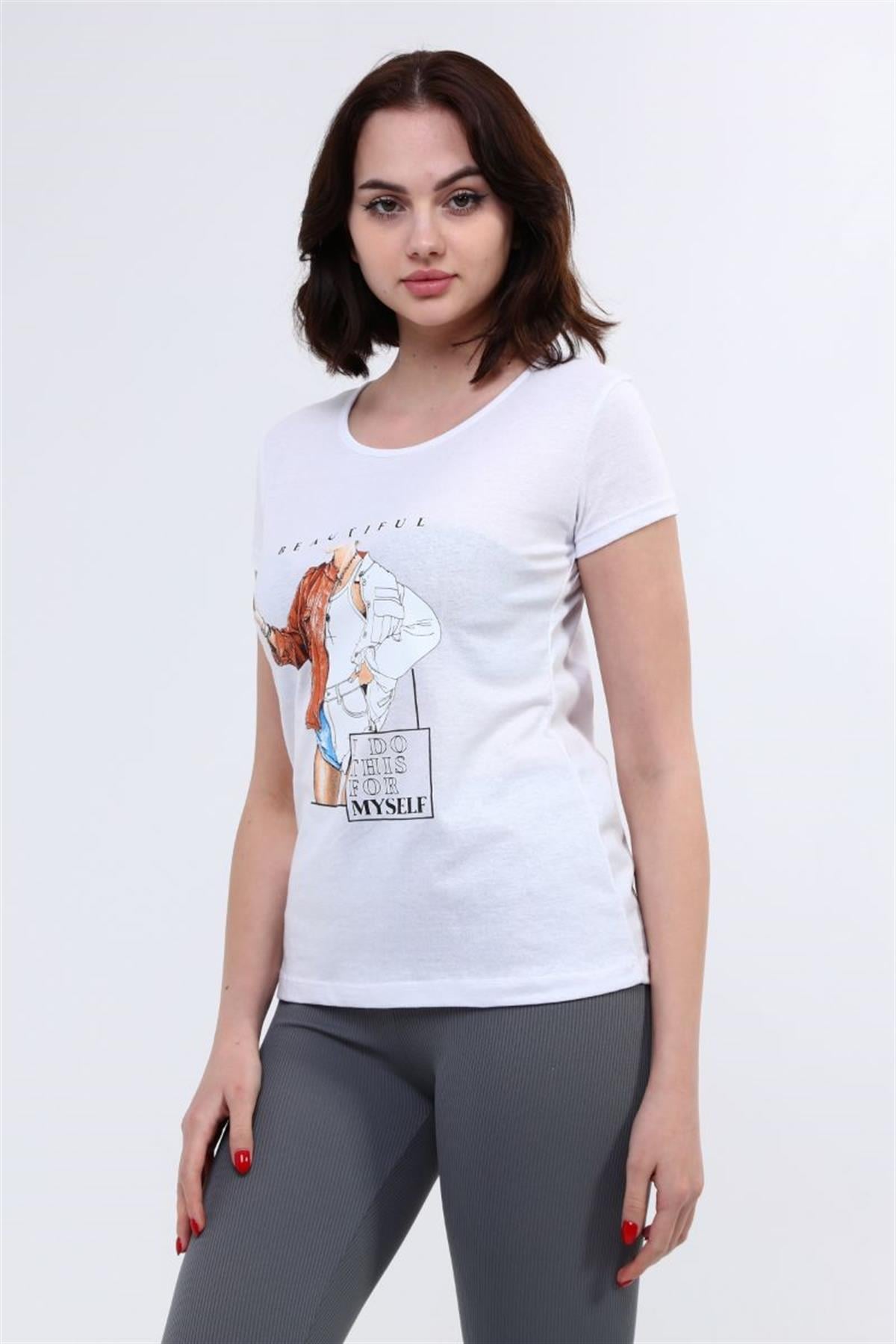 Tshirt Kadın Kız Baskılı T-Shirt Beyaz