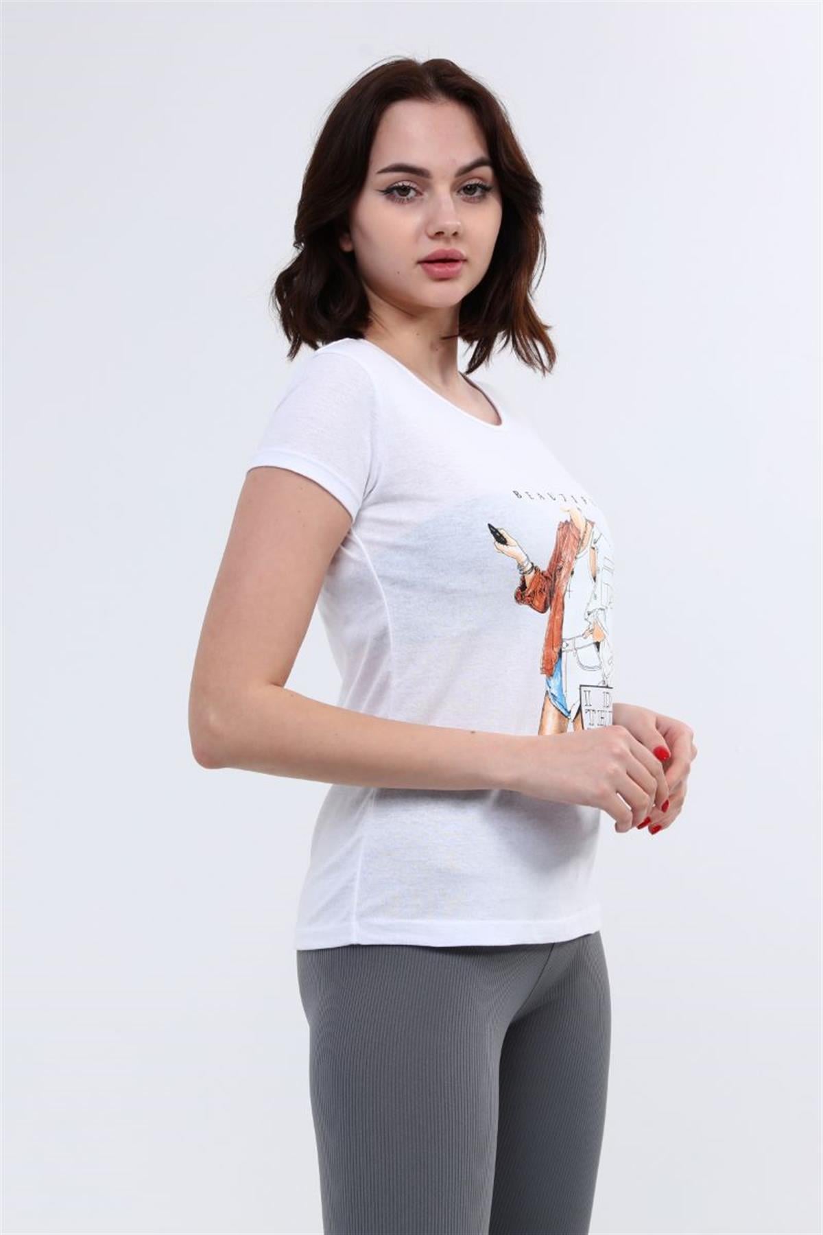 Tshirt Kadın Kız Baskılı T-Shirt Beyaz