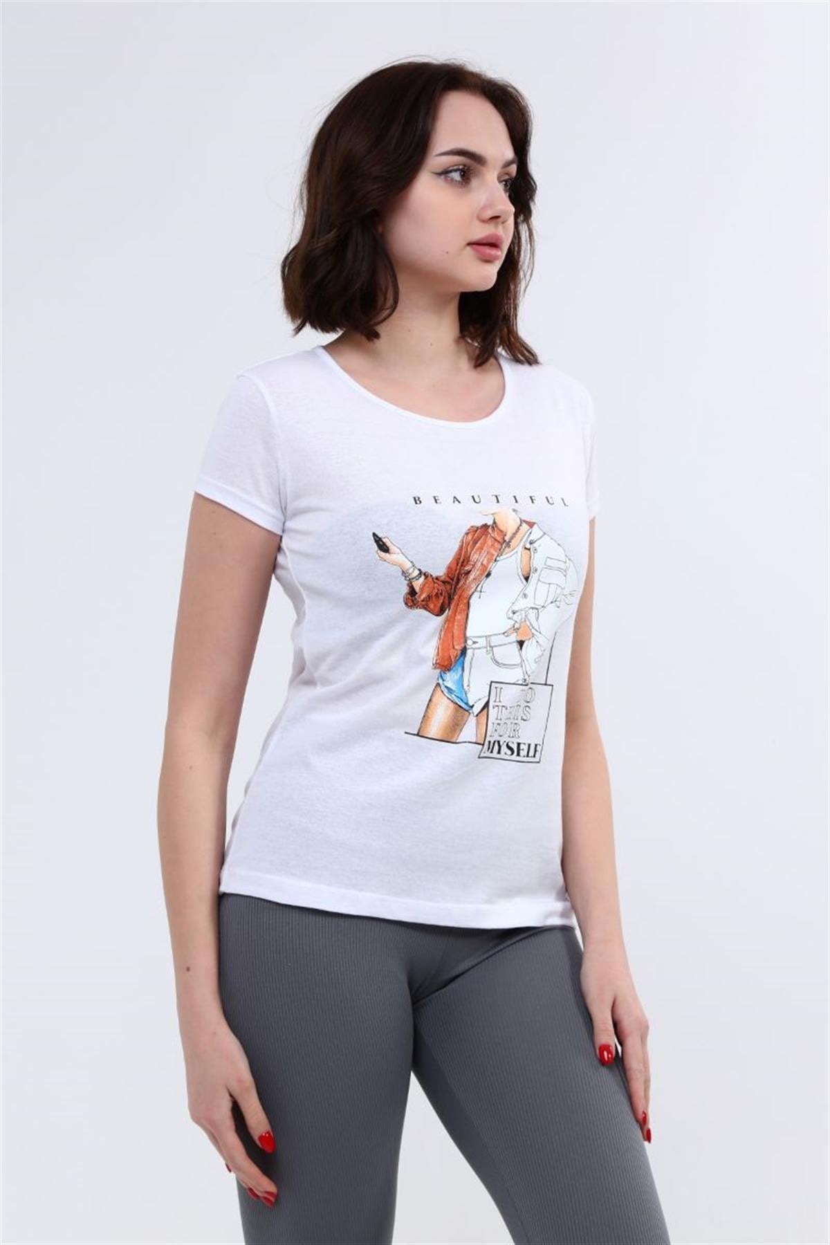 Tshirt Kadın Kız Baskılı T-Shirt Beyaz