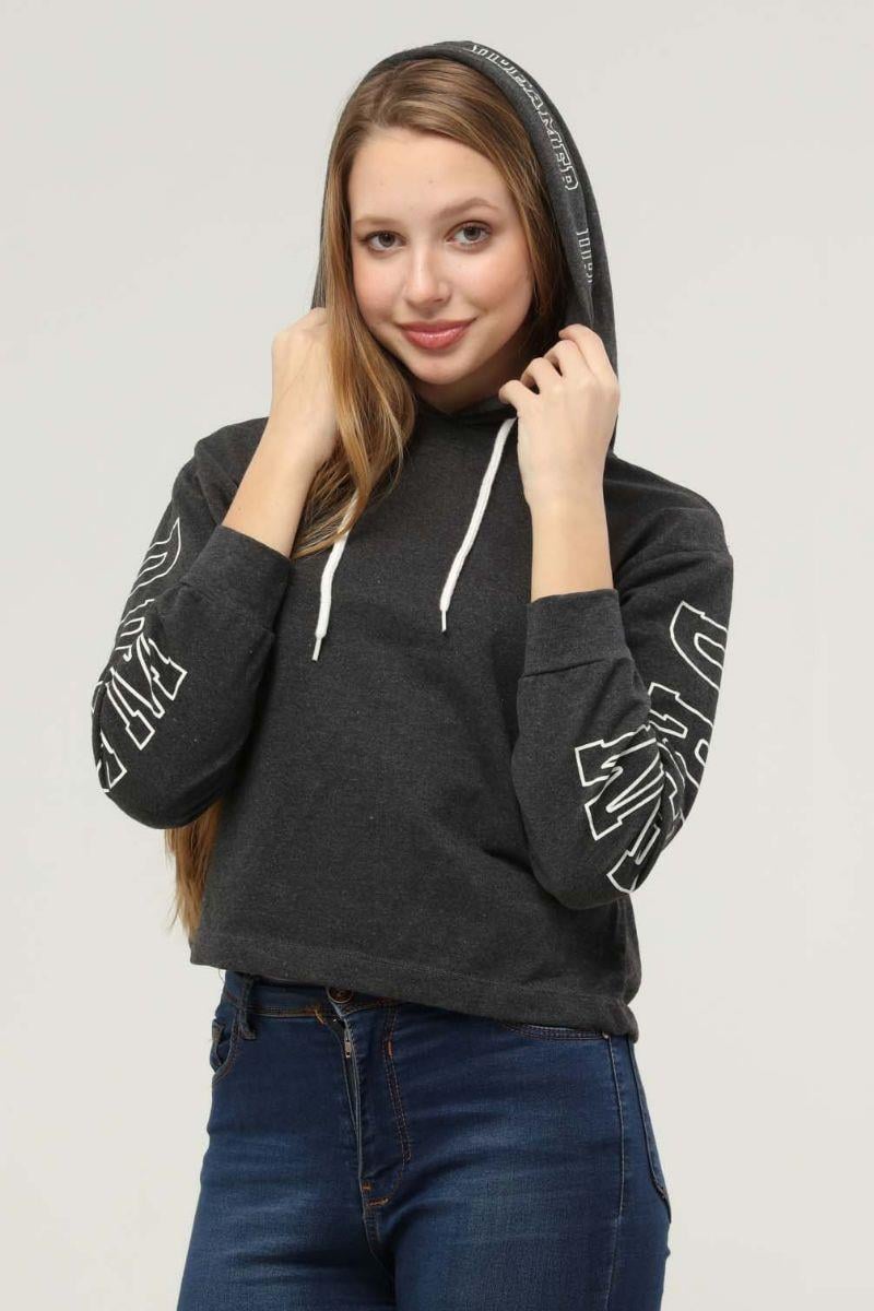 Sweatshirt Kadın Koları Baskılı Kapüşonlu Sweatshirt Antrasit