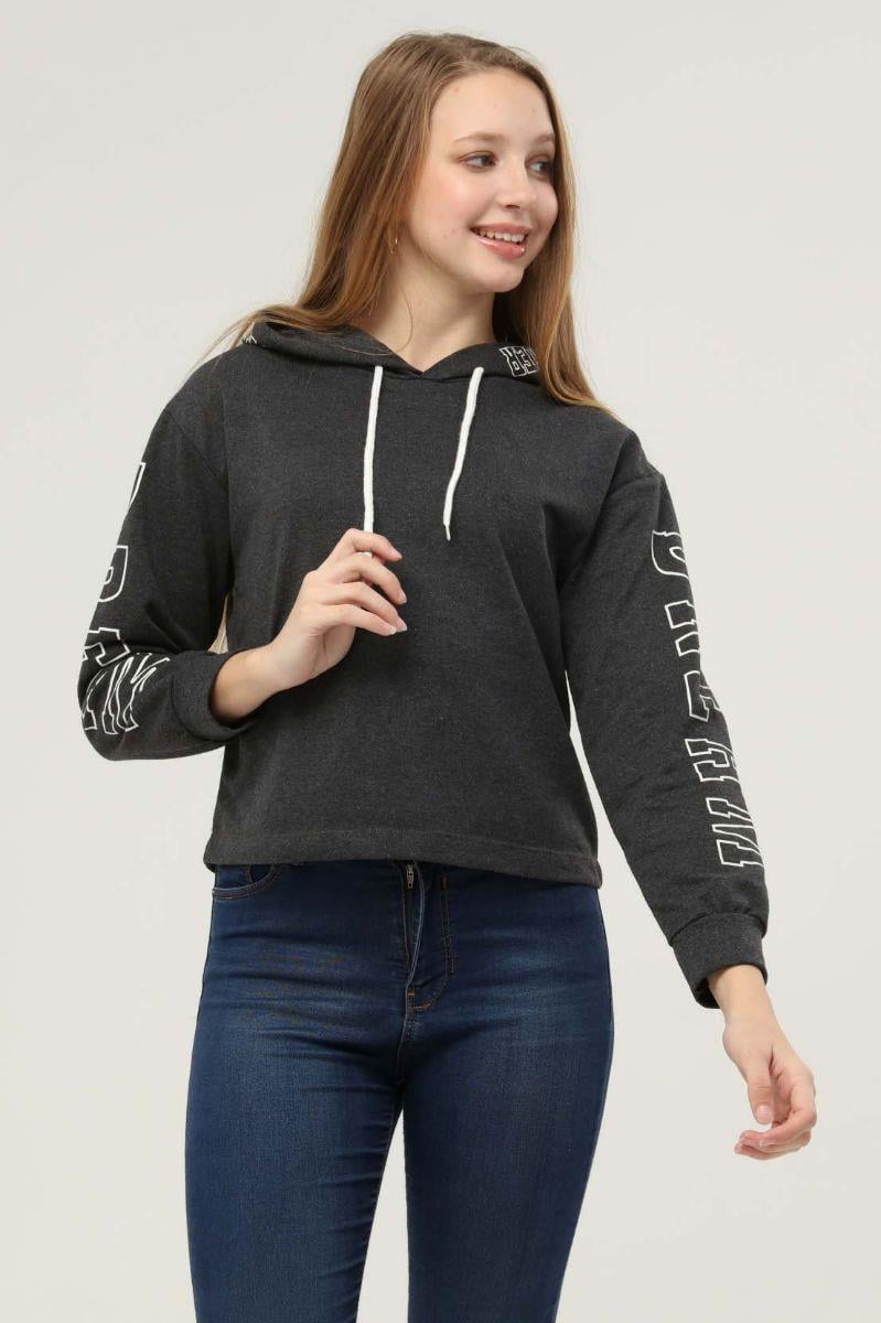 Sweatshirt Kadın Koları Baskılı Kapüşonlu Sweatshirt Antrasit