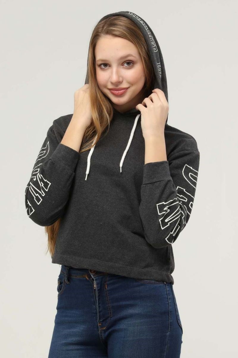 Sweatshirt Kadın Koları Baskılı Kapüşonlu Sweatshirt Antrasit
