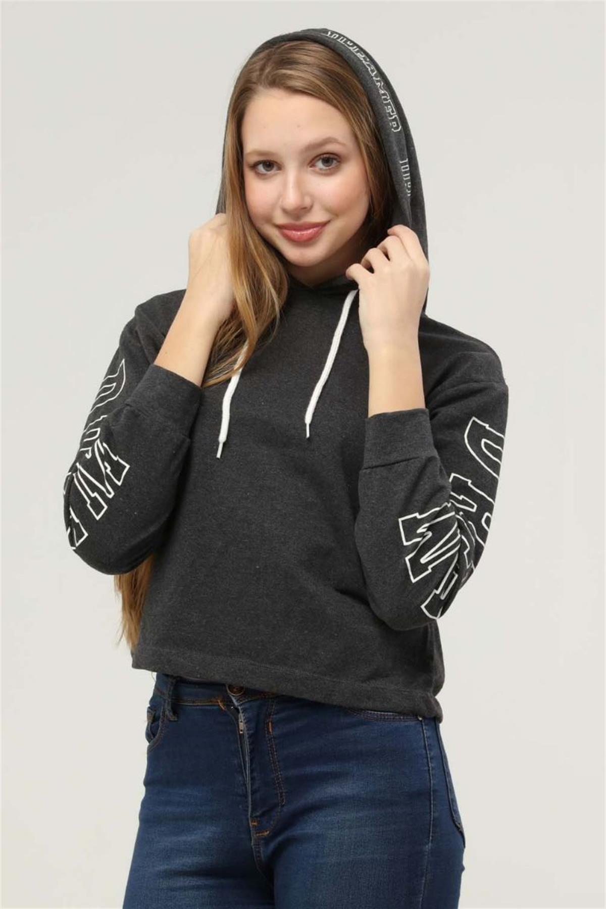 Sweatshirt Kadın Koları Baskılı Kapüşonlu Sweatshirt Antrasit